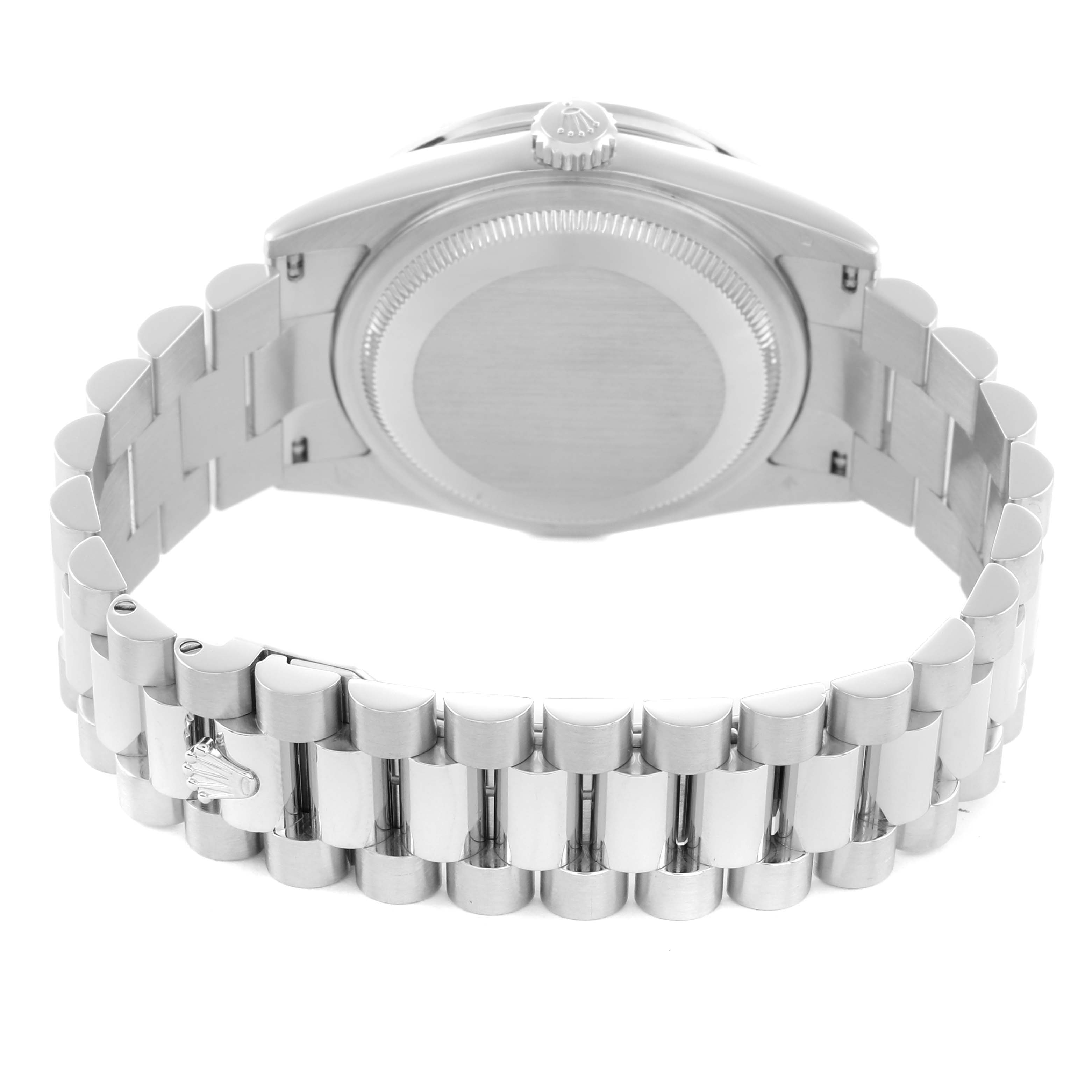 The image shows the back of the Rolex President 118366 Men
s Platinum Silver Dial model, highlighting the case back and bracelet.