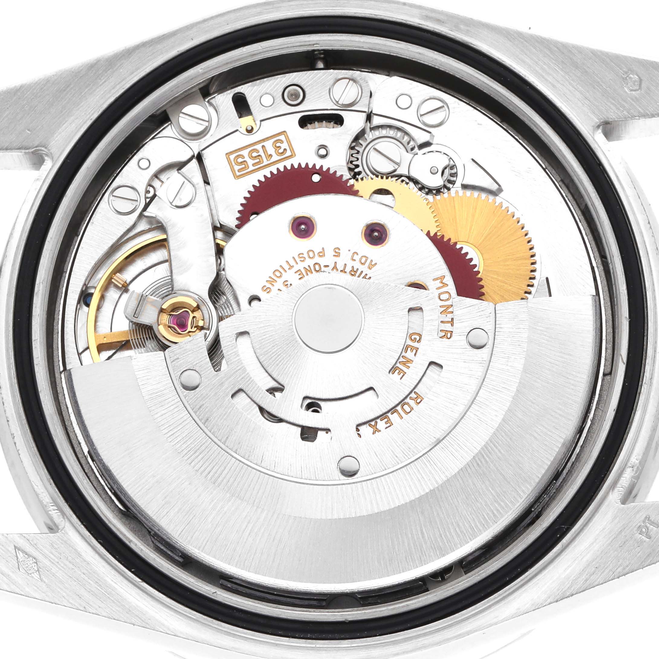 The image shows the internal mechanism of the Rolex President 118366 Men
s Platinum Silver Dial model, displaying gears and movement parts from the back.