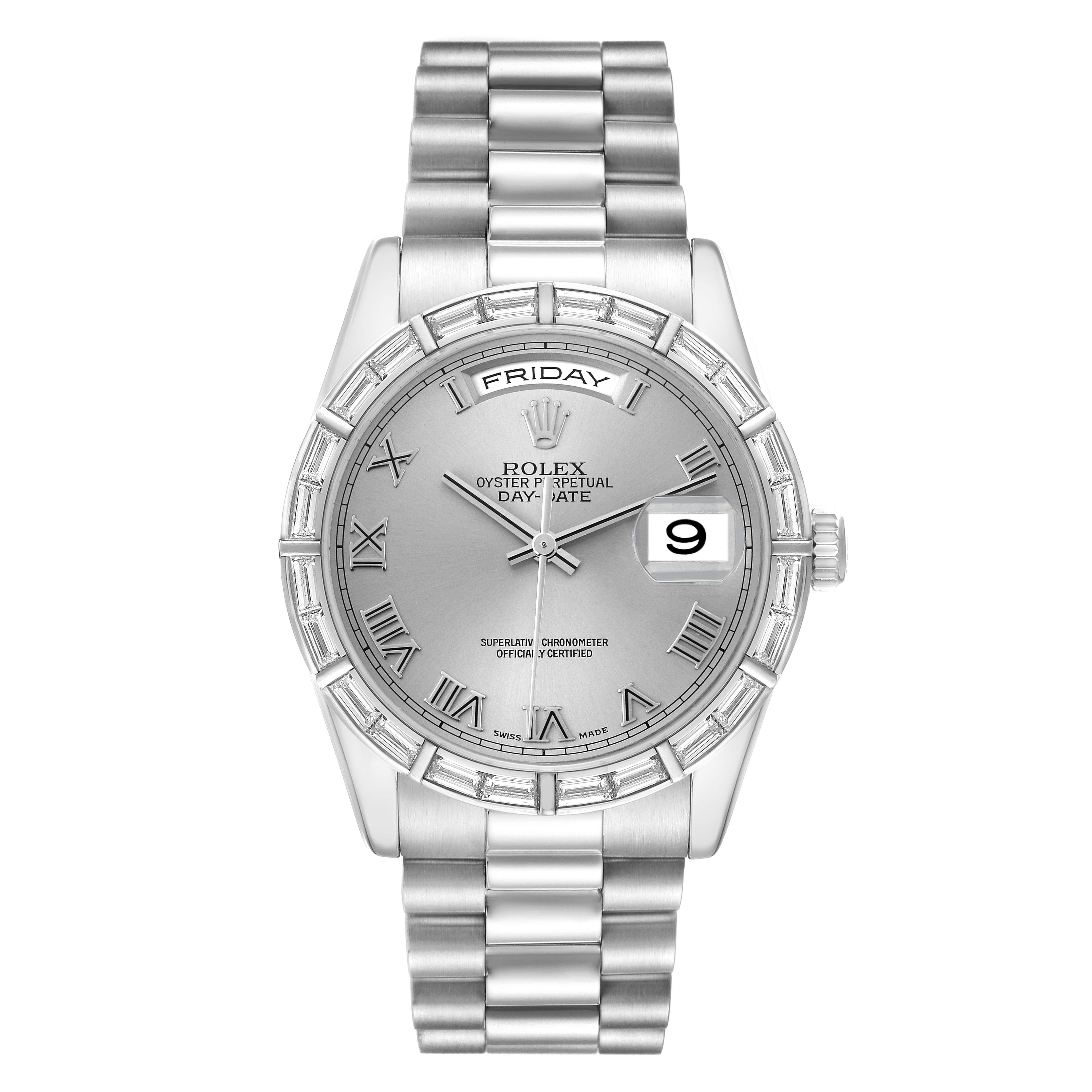 The Rolex President 118366 Men
s Platinum Silver Dial model watch is shown from a top-down angle, highlighting the dial, bracelet, and date window.