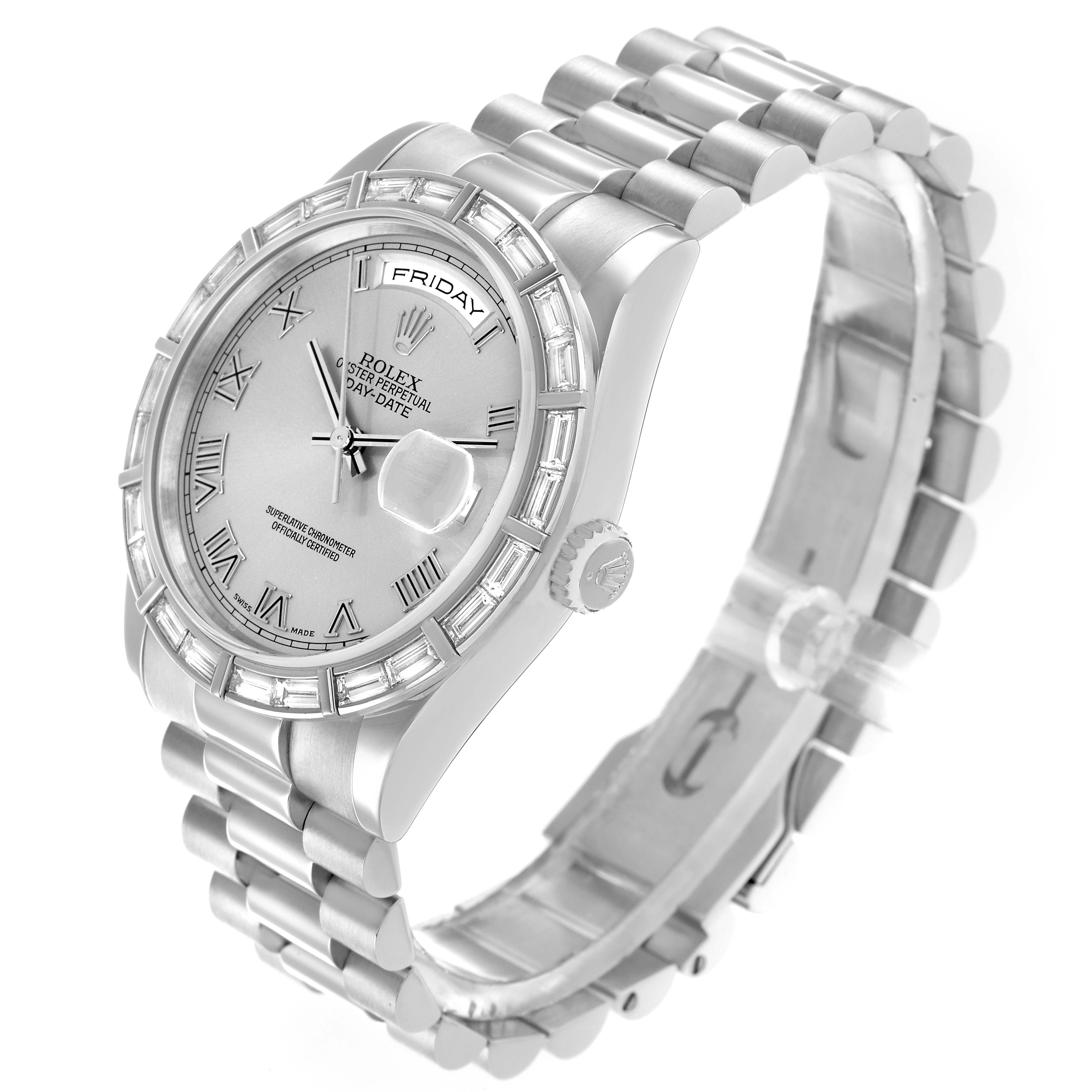 The Rolex President 118366 Men
s Platinum Silver Dial model watch is shown at a three-quarter angle, highlighting the bracelet, bezel, dial, and crown.