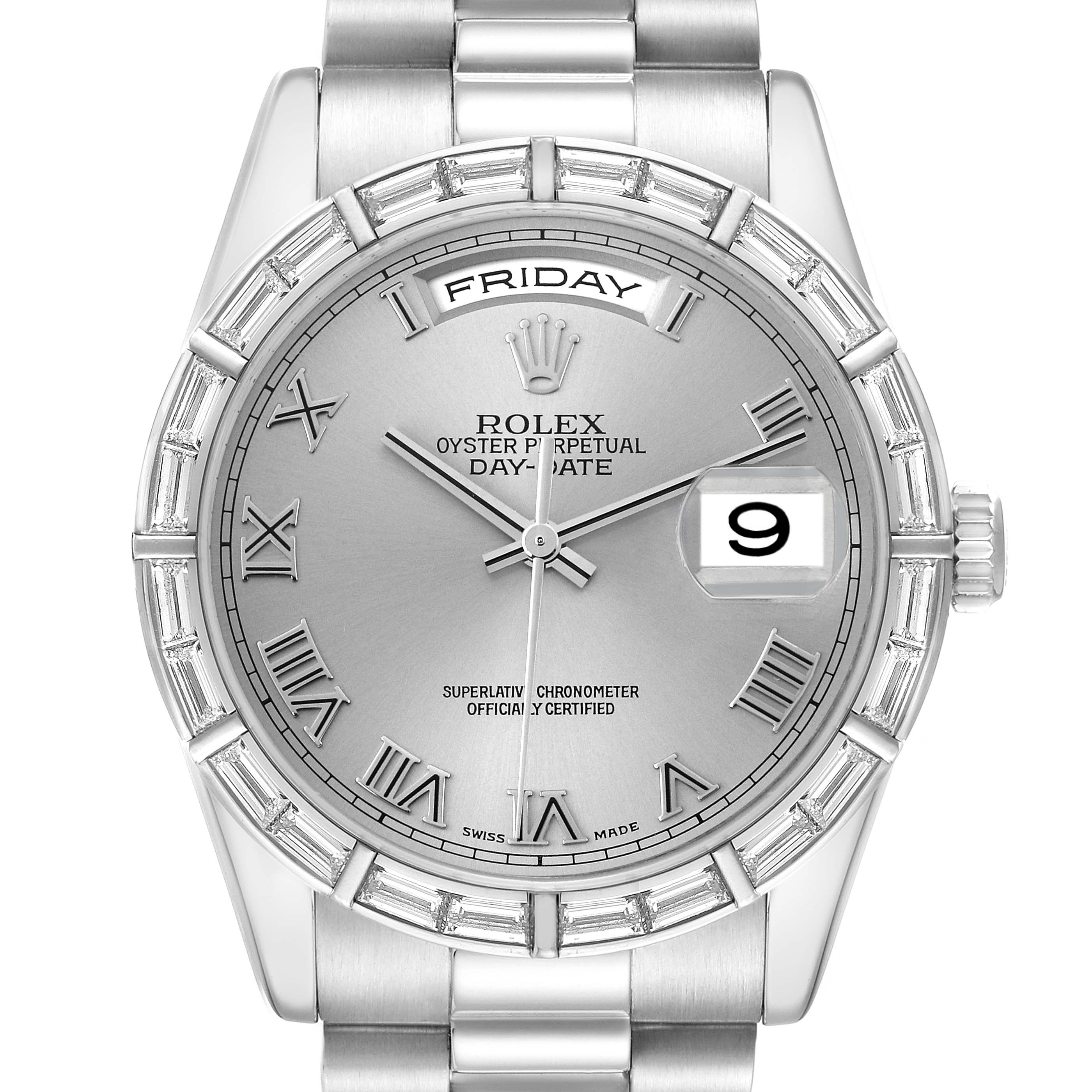 The Rolex President 118366 Men
s Platinum Silver Dial watch is shown from the front, displaying the dial, bezel, and part of the bracelet, along with the day and date features.