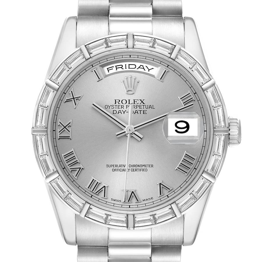 The Rolex President 118366 Men's Platinum Silver Dial watch is shown from the front, displaying the dial, bezel, and part of the bracelet, along with the day and date features.