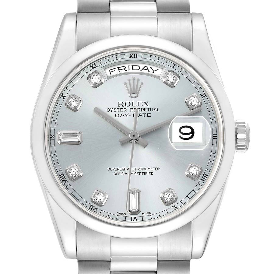 The image shows a Rolex President 118206 Men's Platinum Blue Dial watch from a front view, highlighting the dial, bezel, bracelet, and day-date display.