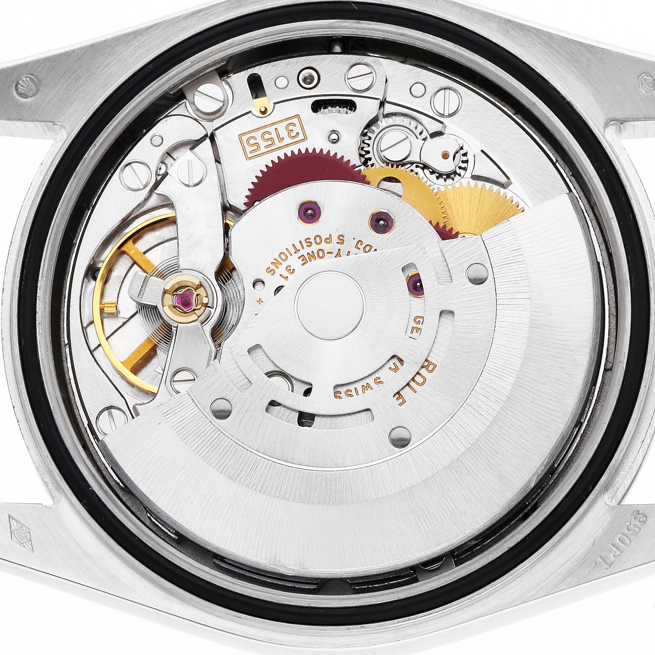 The image shows the movement of a Rolex President 118206 Men
s Platinum Blue Dial model, viewed from the back, displaying gears and rotor.