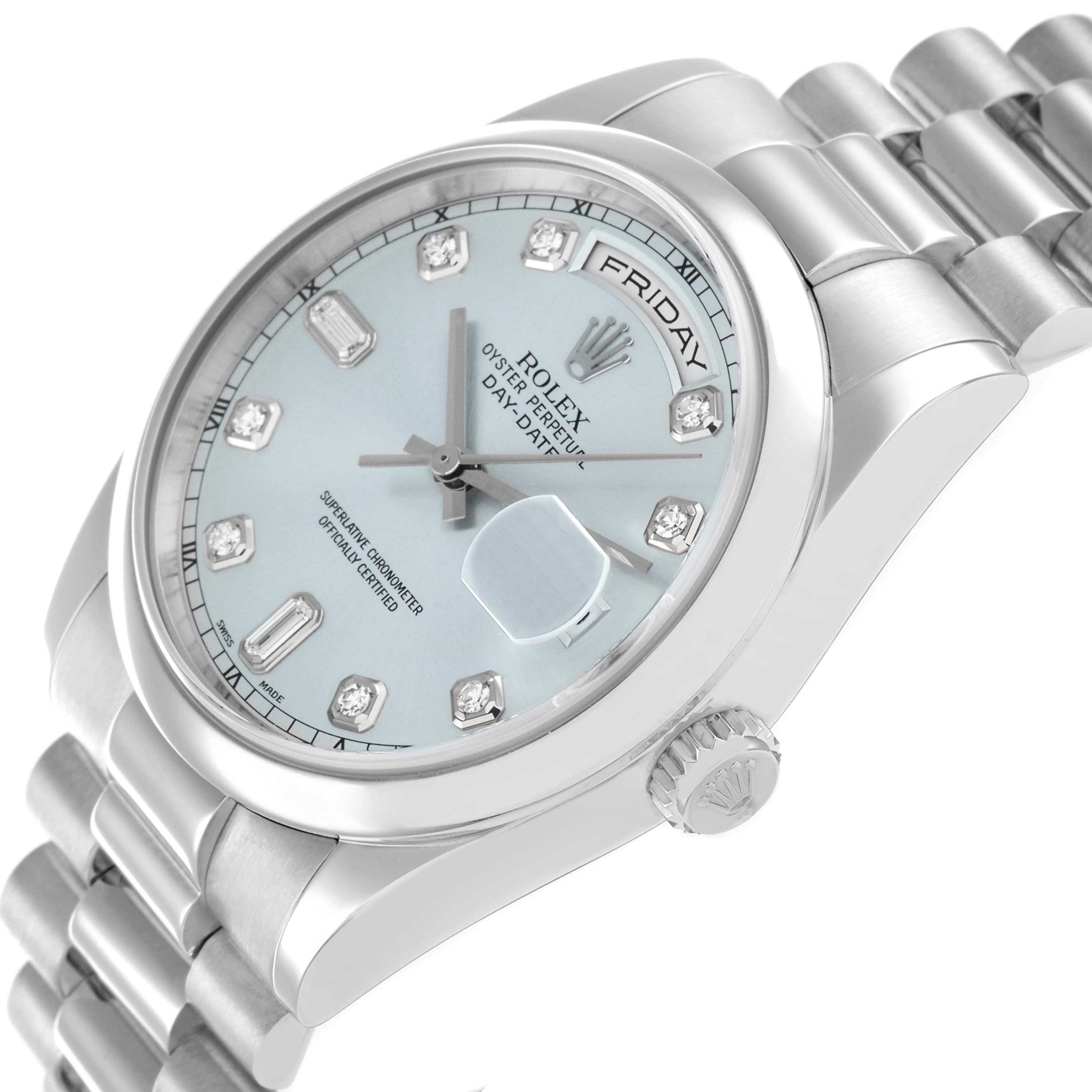The image shows a Rolex President 118206 Men
s Platinum Blue Dial model at an angled view, highlighting the watch face, bezel, bracelet, and crown.