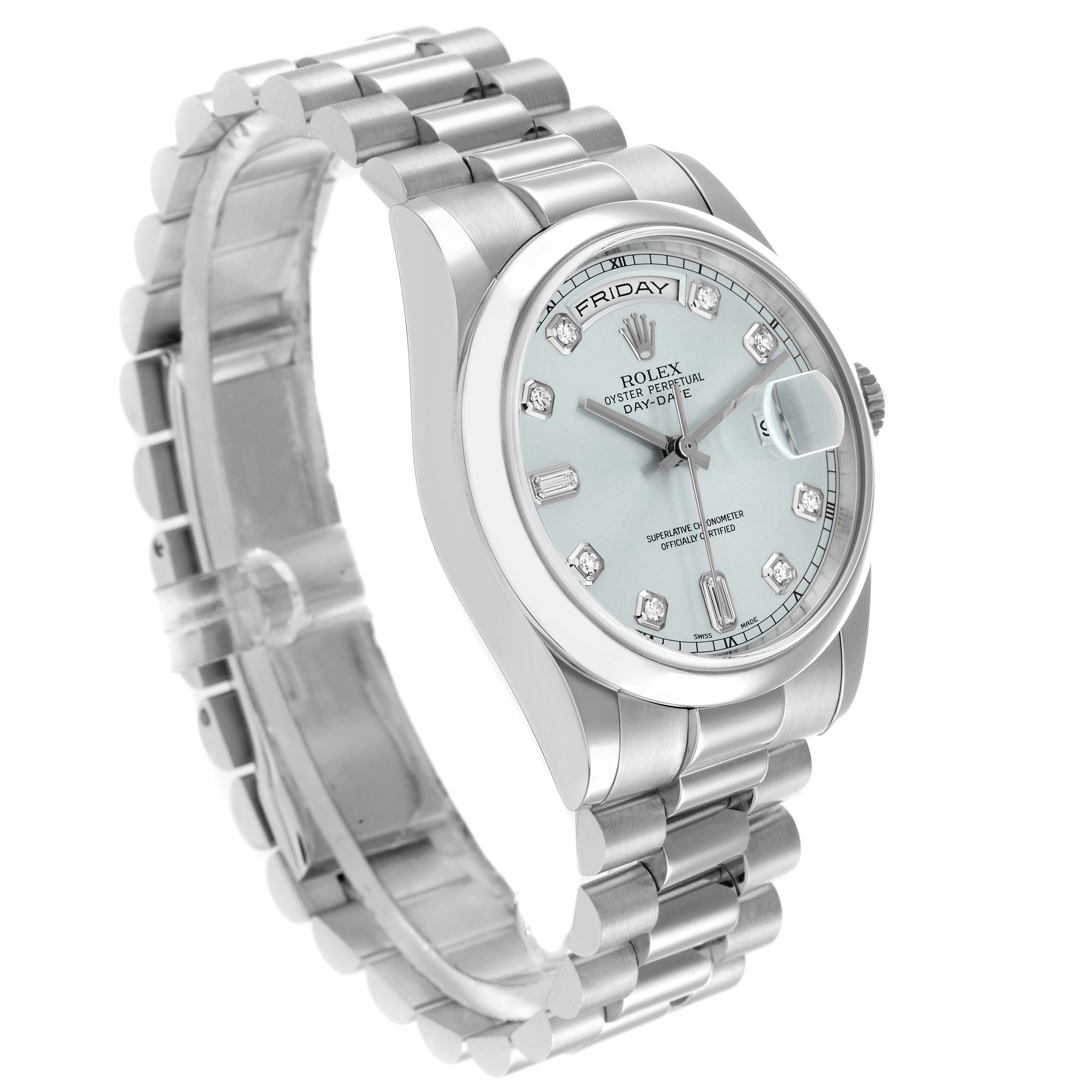 The Rolex President 118206 Men
s Platinum Blue Dial watch is shown at a three-quarter angle, highlighting the face, bezel, and bracelet.