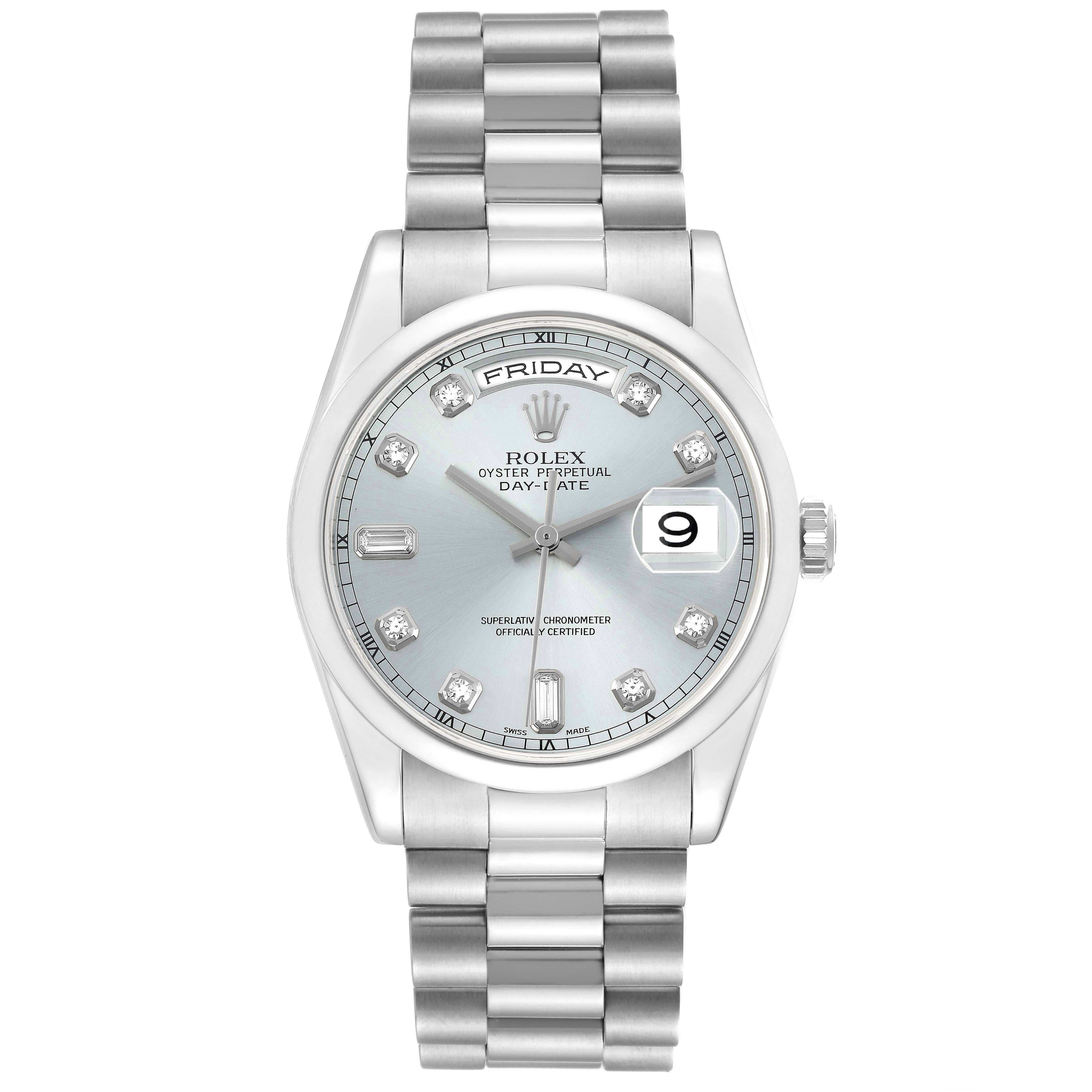 The Rolex President 118206 Men
s Platinum Blue Dial model is shown from a front angle, highlighting the dial, bracelet, and crown.