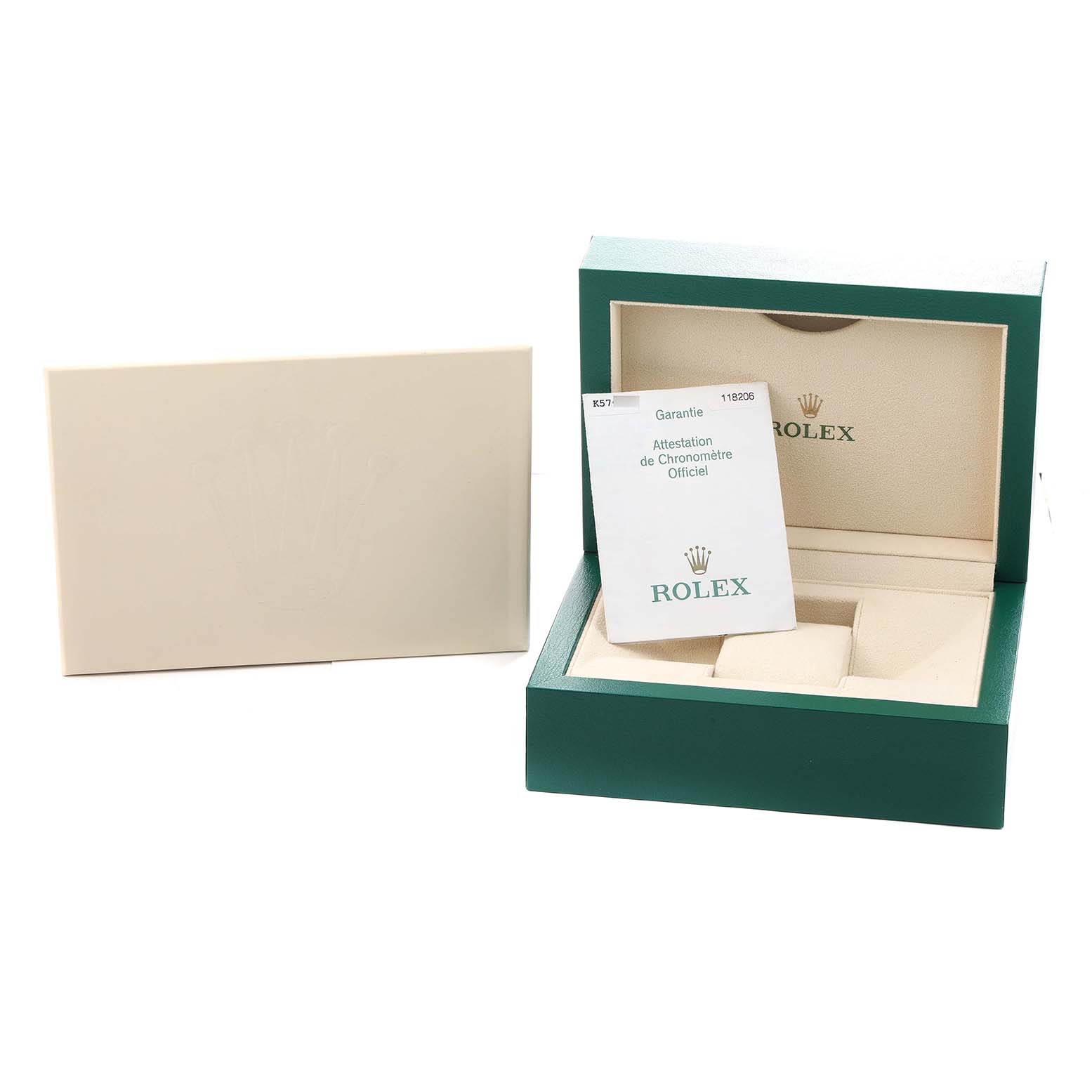 The image shows an open box for a Rolex President 118206 Men
s Platinum Blue Dial model, including a warranty card and document.