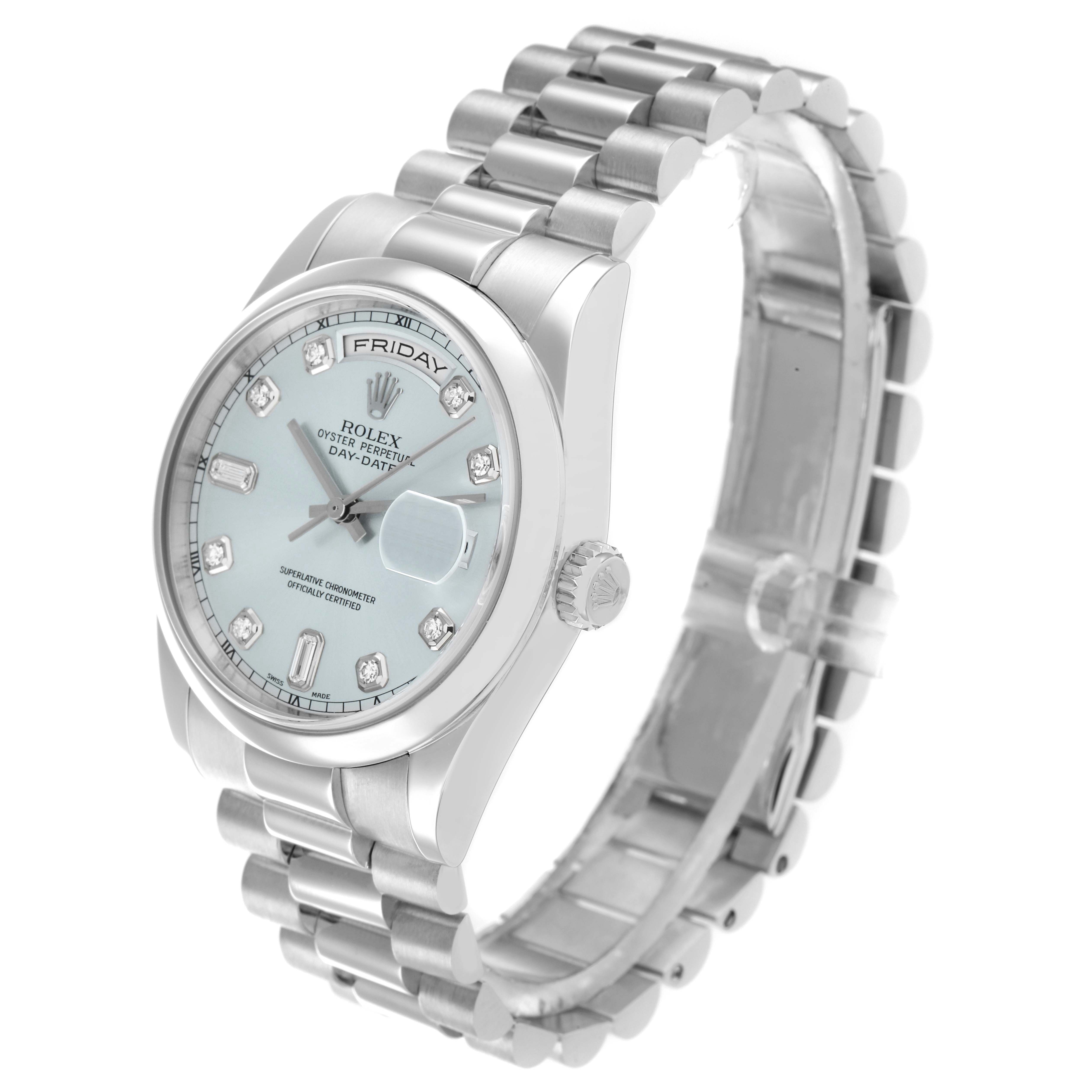 The Rolex President 118206 Men
s Platinum Blue Dial watch is shown from a three-quarters angle, highlighting the dial, bezel, bracelet, and crown.
