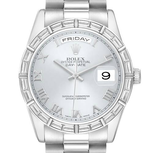 The Rolex President 118366 Men's Platinum Blue Dial watch is shown from the front, highlighting the face, day-date display, and part of the band.
