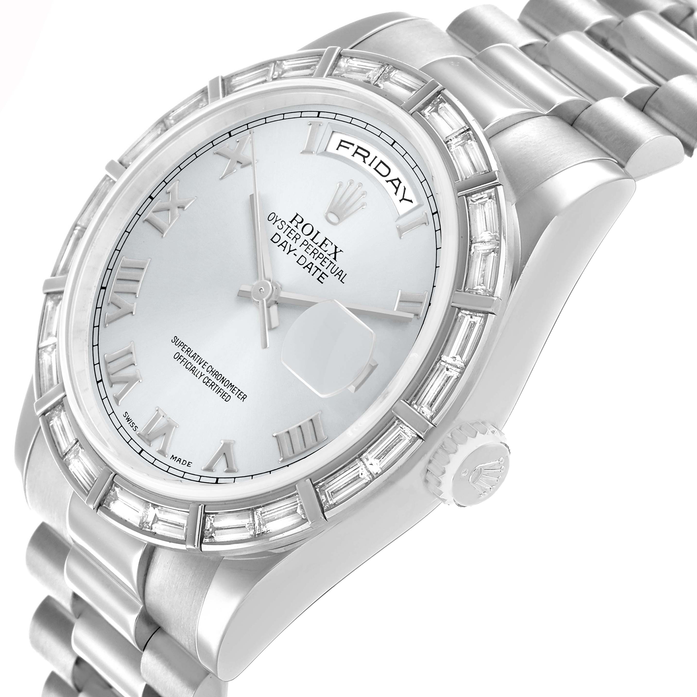 The Rolex President 118366 Men's Platinum Blue Dial model watch is shown at an angled view, highlighting the bezel, dial, bracelet, and crown.