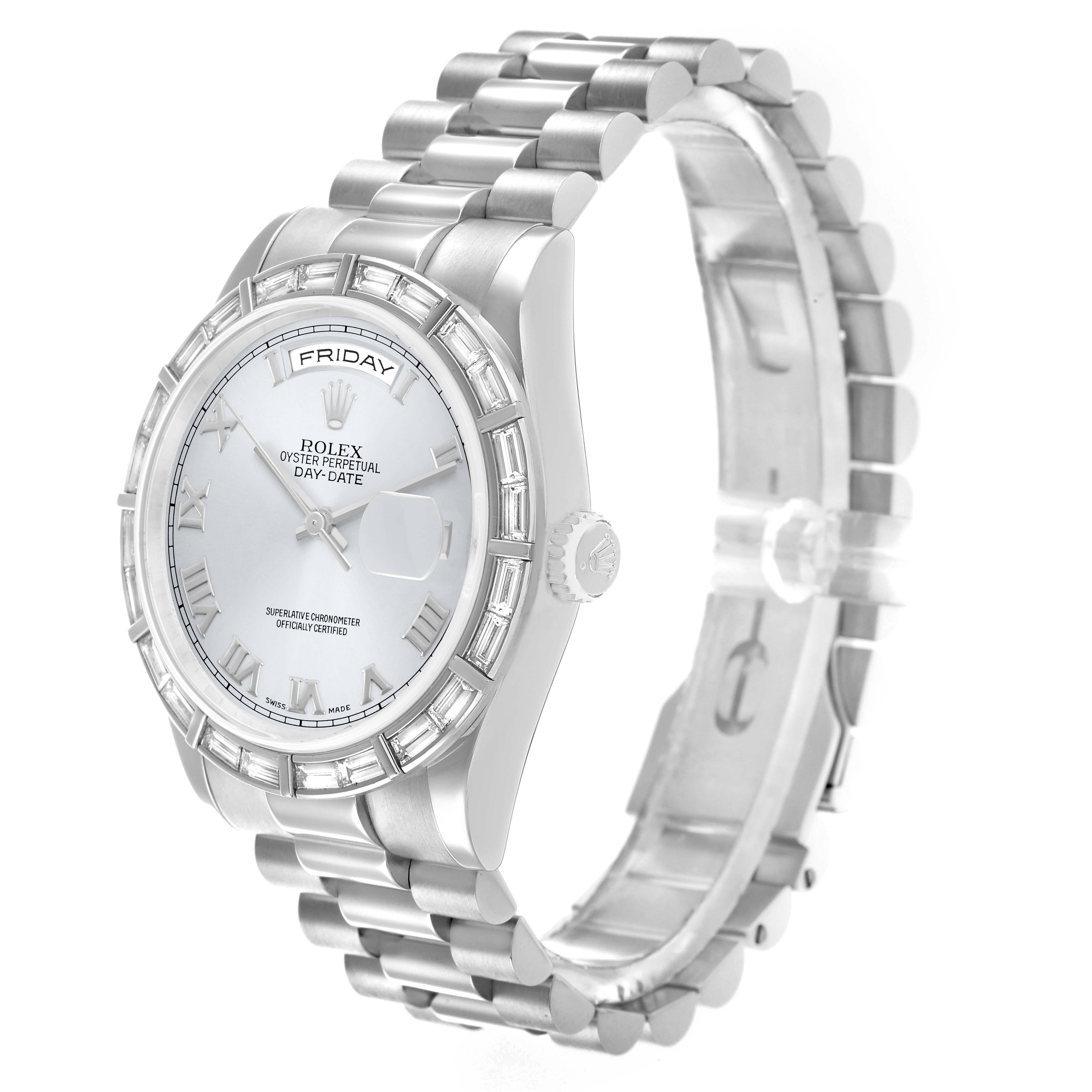 The Rolex President 118366 Men's Platinum Blue Dial model watch is shown from a three-quarter angle, highlighting the face, crown, and bracelet.