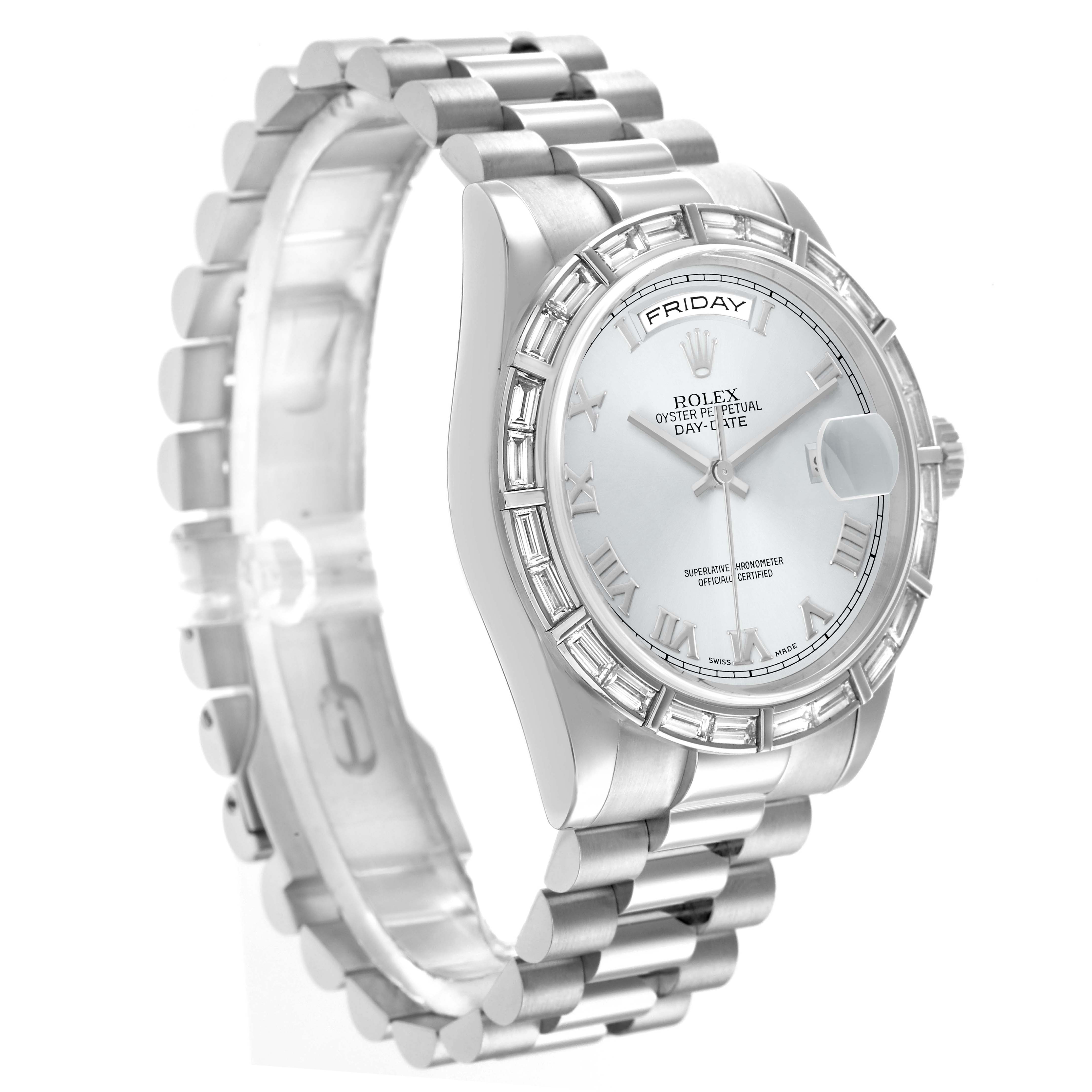 The Rolex President 118366 Men's Platinum Blue Dial watch is shown at a three-quarter angle, highlighting the face, bezel, and part of the band.