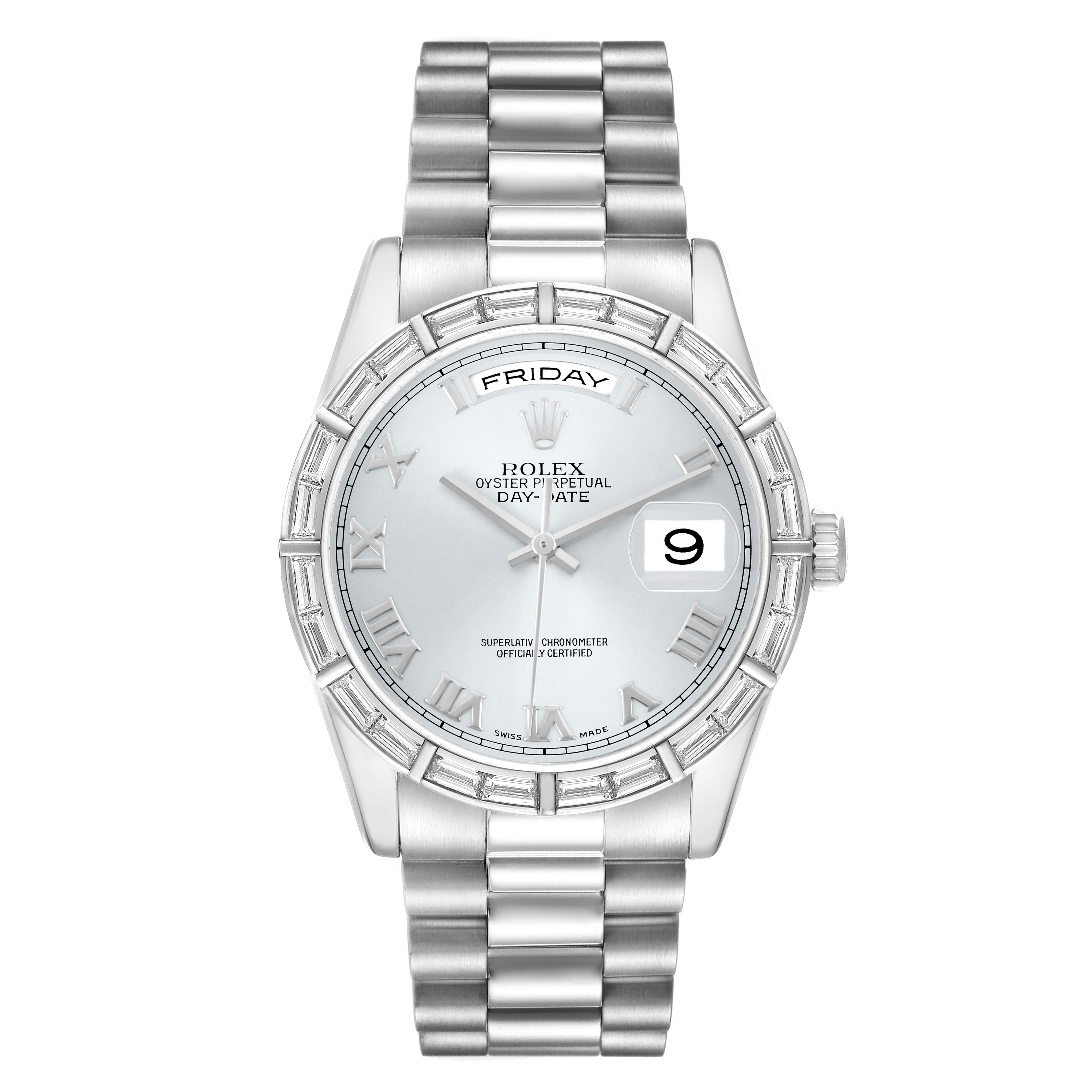 The image shows a front view of the Rolex President 118366 Men's Platinum Blue Dial model, highlighting the dial, bezel, bracelet, and day-date display.