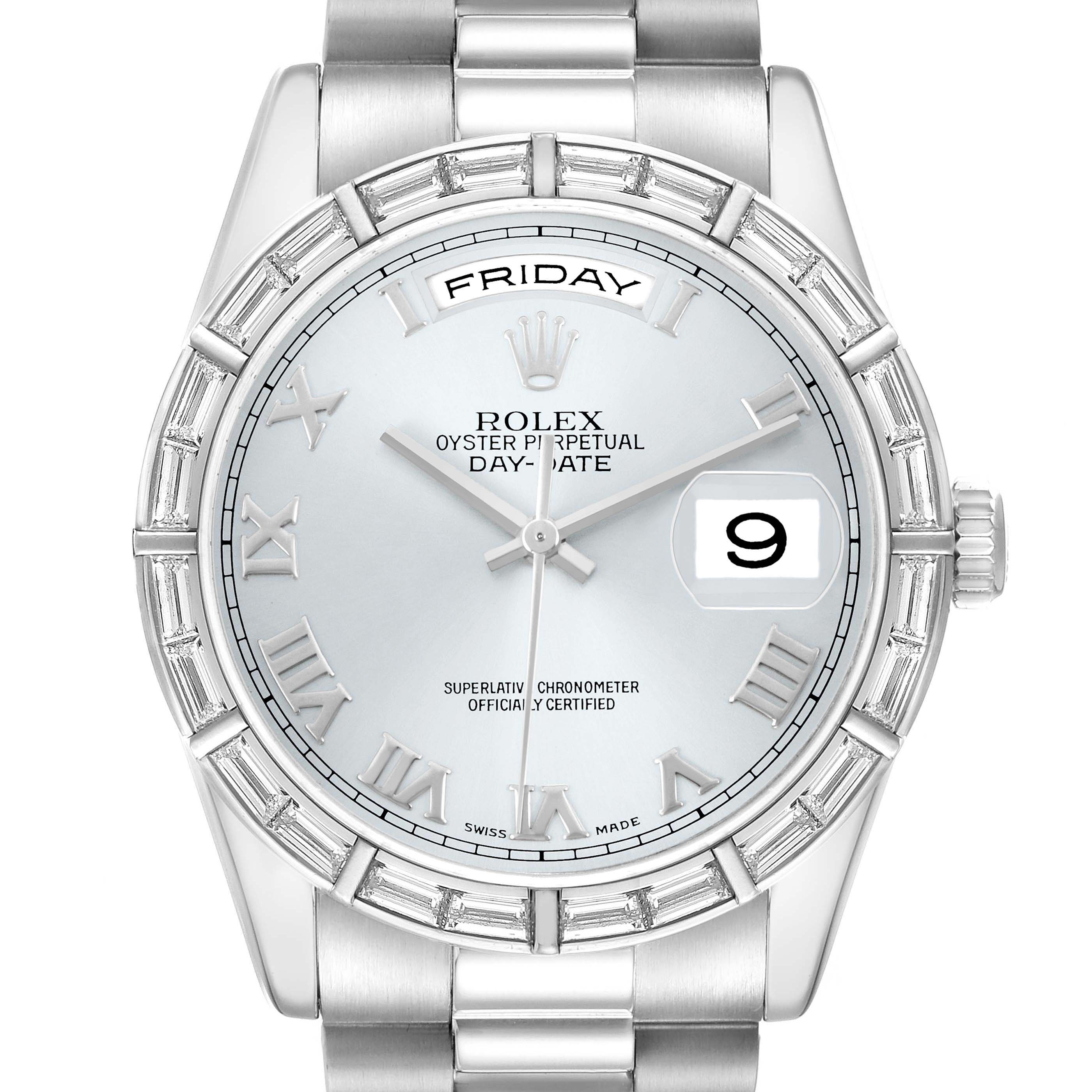 The image shows a front view of the Rolex President 118366 Men's Platinum Blue Dial Day-Date watch, displaying the dial, bezel, day, and date features.