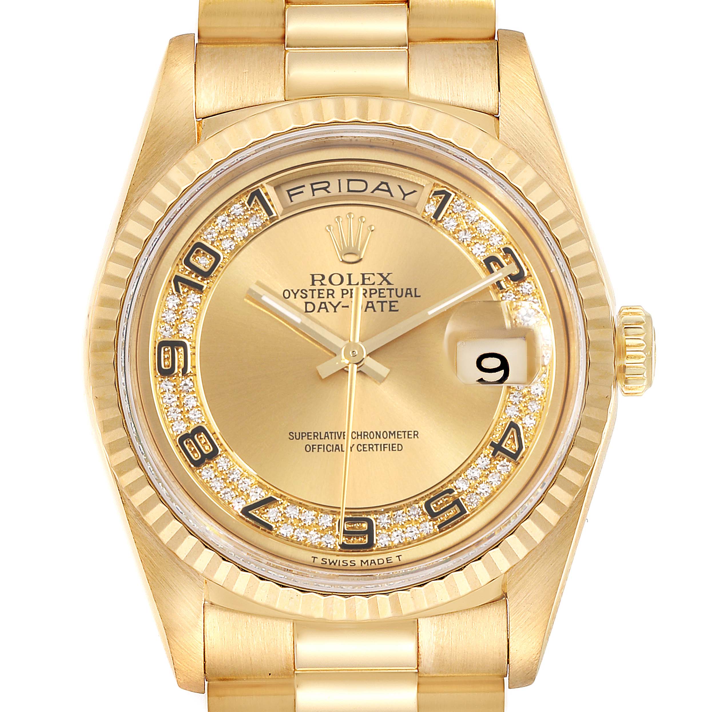 This image shows a front view of a Rolex President 18238 Men
s Yellow Gold Champagne Dial 18238 Men
s Yellow Gold Champagne Dial model watch featuring a gold dial, diamond hour markers, and a day-date display.