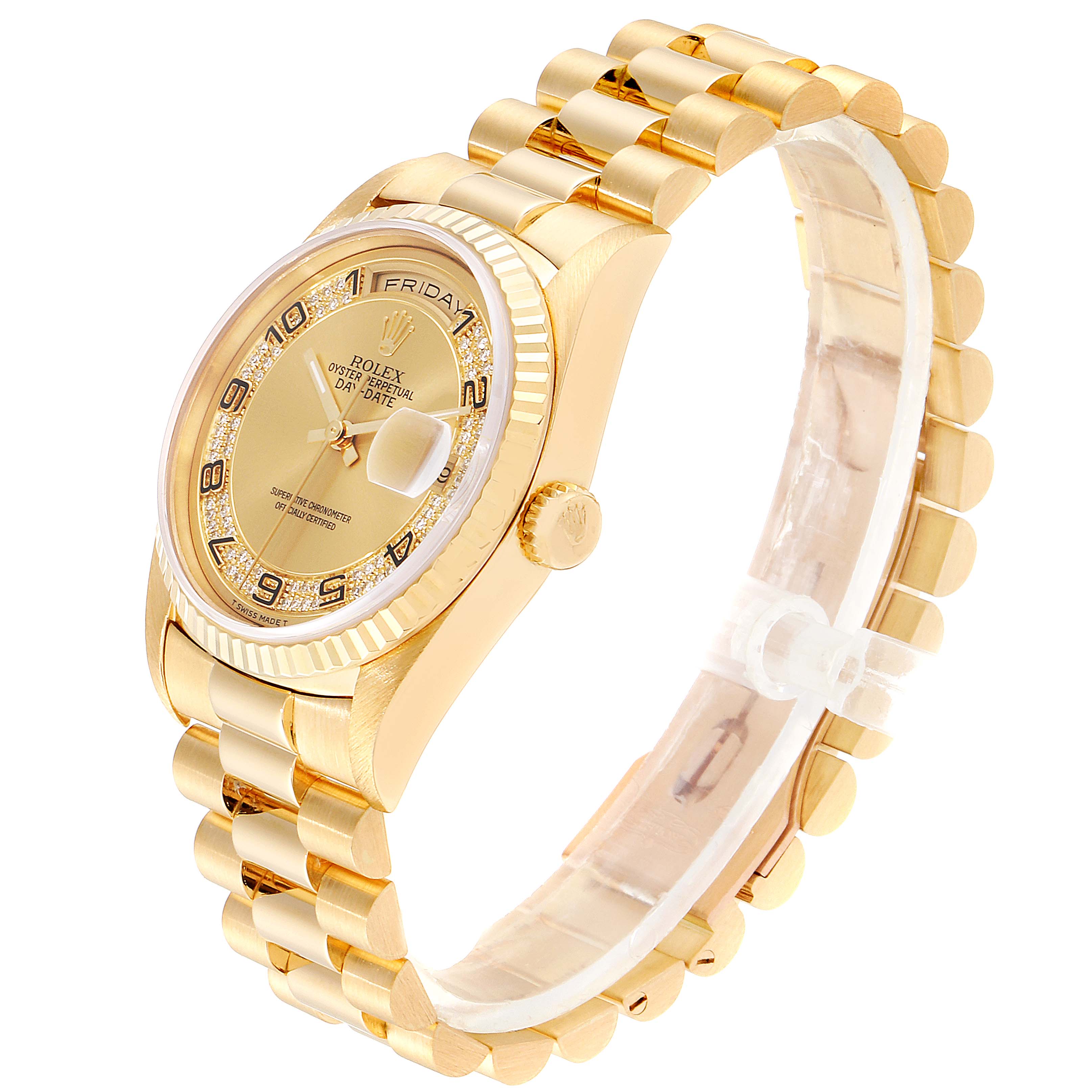 The image shows a Rolex President 18238 Men
s Yellow Gold Champagne Dial 18238 Men
s Yellow Gold Champagne Dial model watch at an angled, side, and top view, highlighting its gold case, bracelet, and dial.