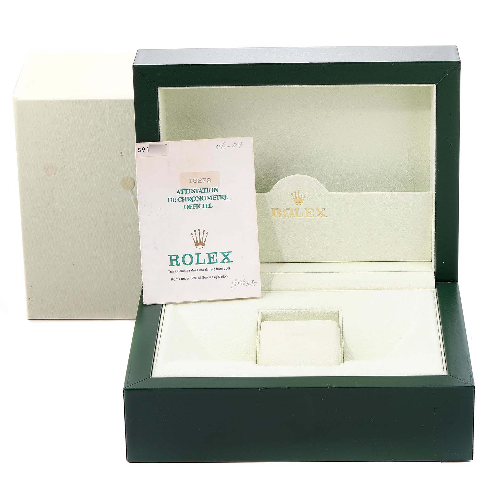 The image shows a Rolex President 18238 Men
s Yellow Gold Champagne Dial 18238 Men
s Yellow Gold Champagne Dial model watch box with official documentation on top, photographed from the front.