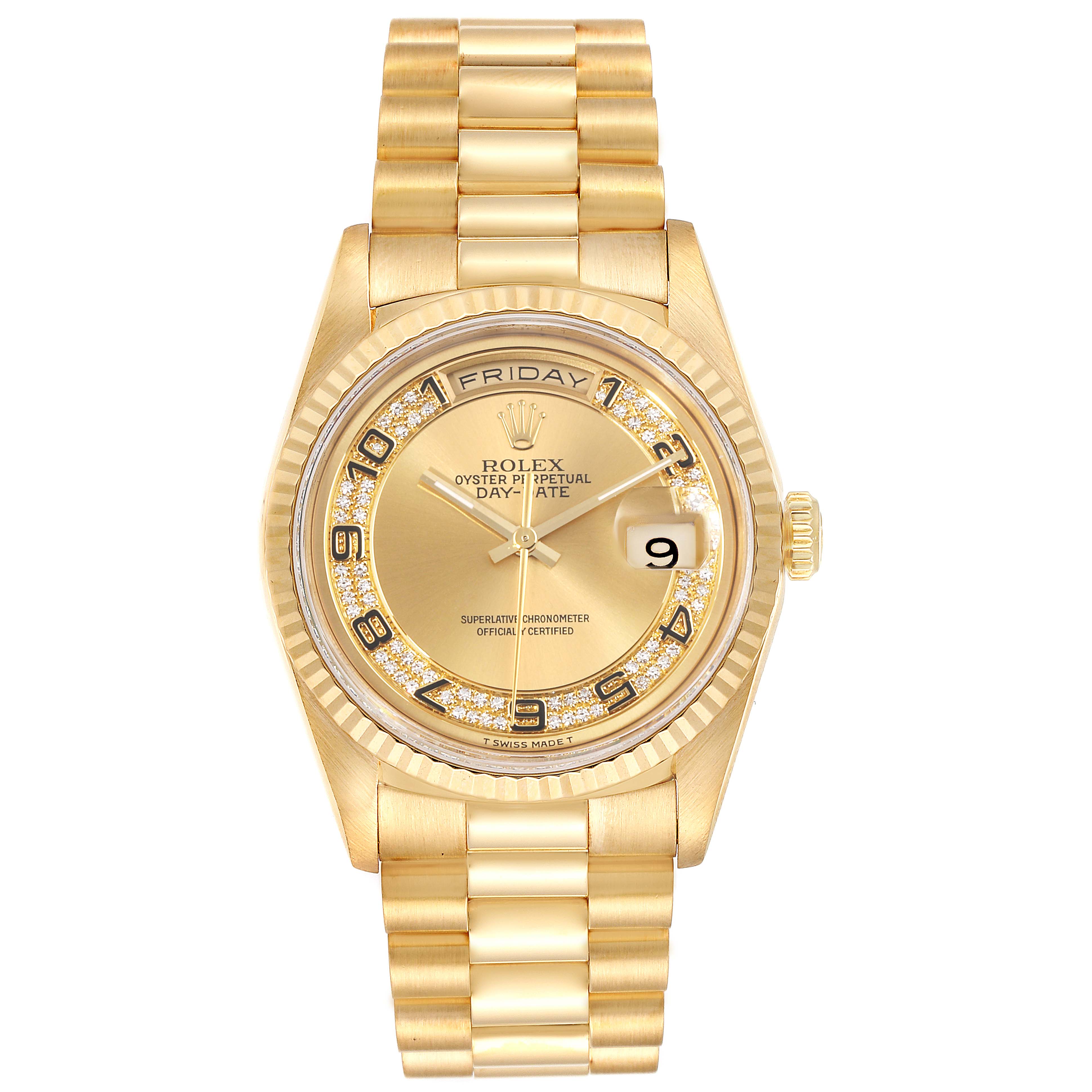 This Rolex President 18238 Men
s Yellow Gold Champagne Dial 18238 Men
s Yellow Gold Champagne Dial model watch is shown from a top-down angle, highlighting its gold bracelet, dial, and diamond hour markers.