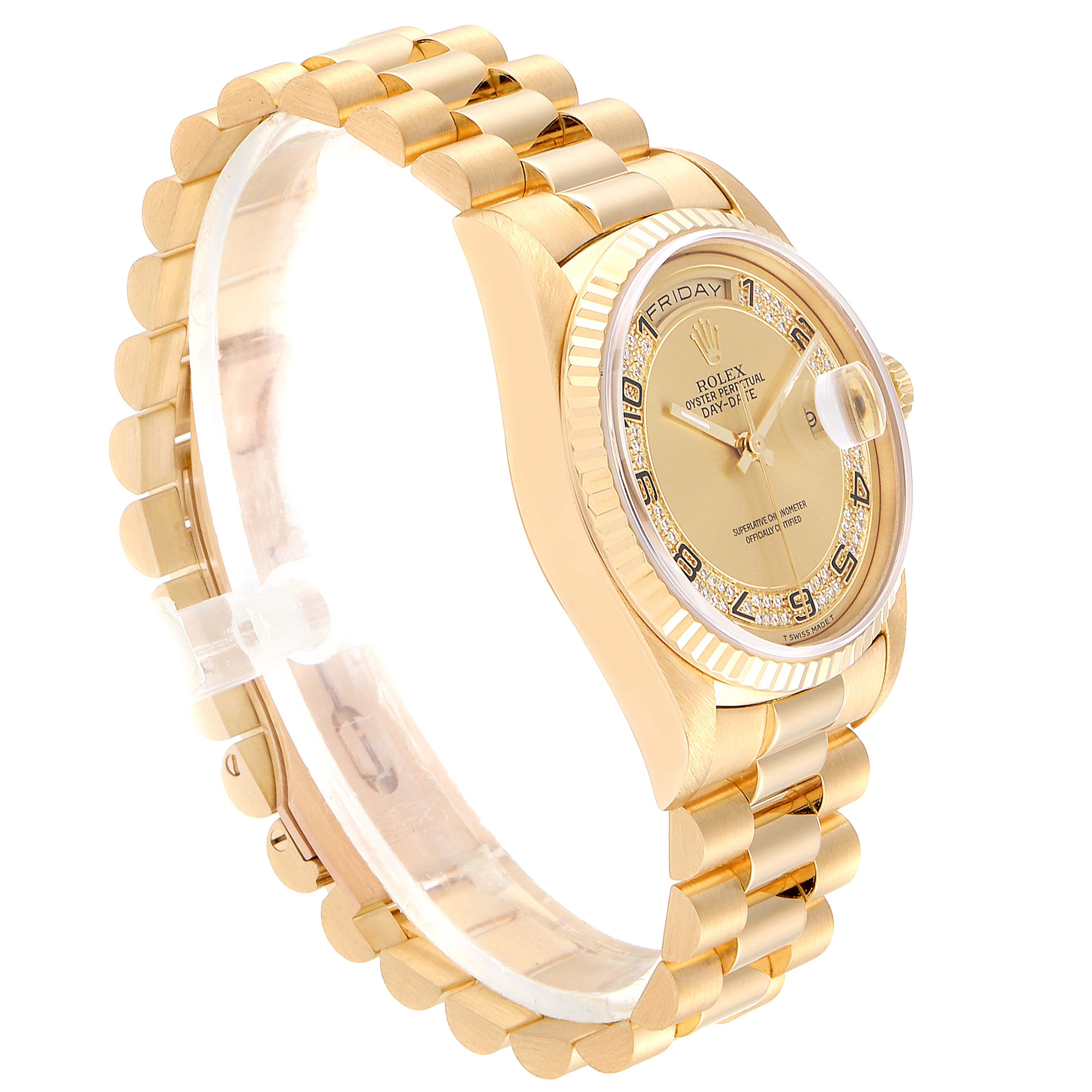 The image shows a Rolex President 18238 Men
s Yellow Gold Champagne Dial 18238 Men
s Yellow Gold Champagne Dial model watch at an angle highlighting the bracelet, case, and dial with date and day indicators.