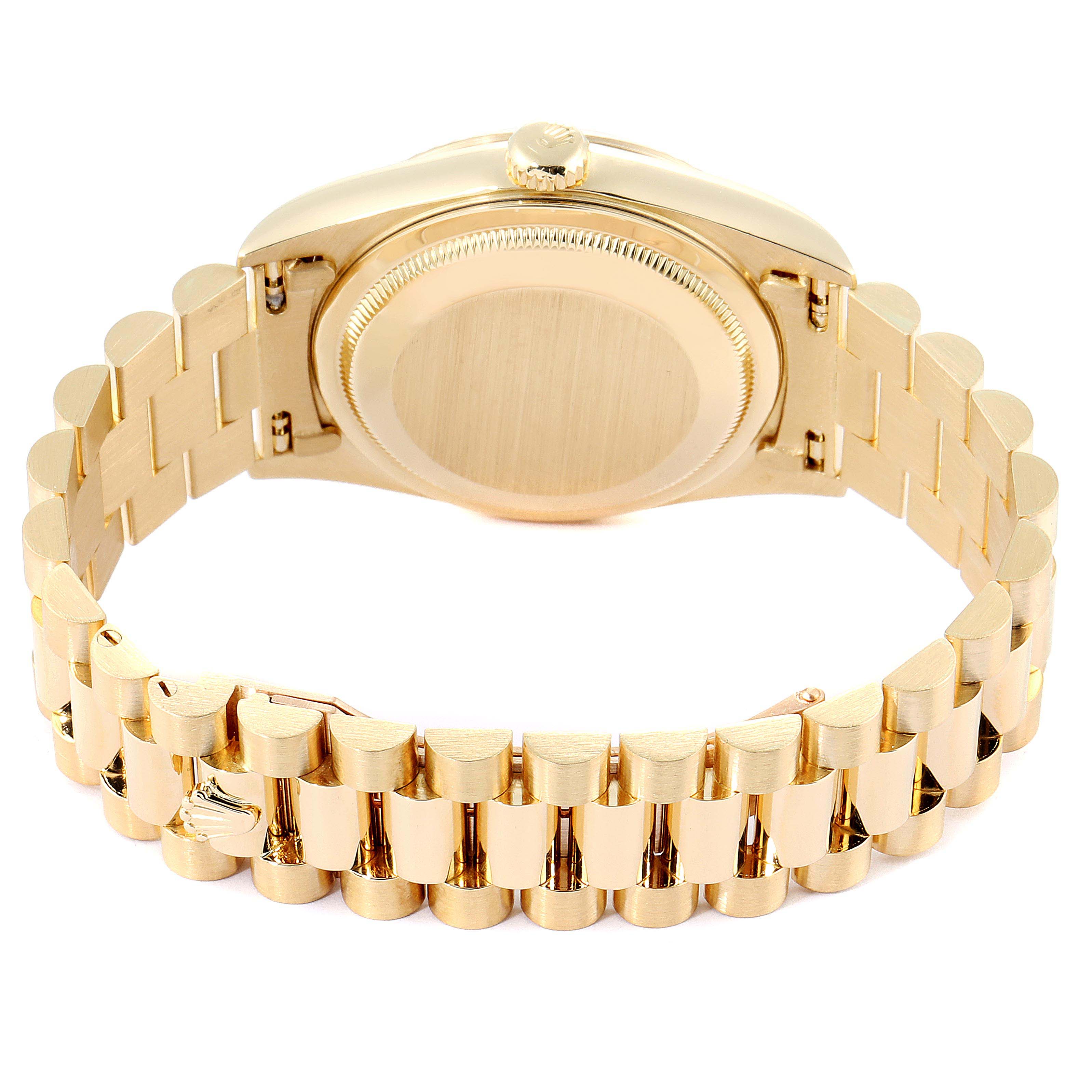 The image shows the back case and bracelet of a Rolex President 18238 Men
s Yellow Gold Champagne Dial 18238 Men
s Yellow Gold Champagne Dial model watch at a rear angle.