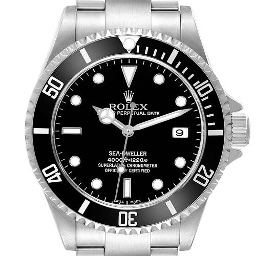 This image shows a front view of a Rolex Sea-Dweller watch, highlighting the dial, bezel, and part of the bracelet.