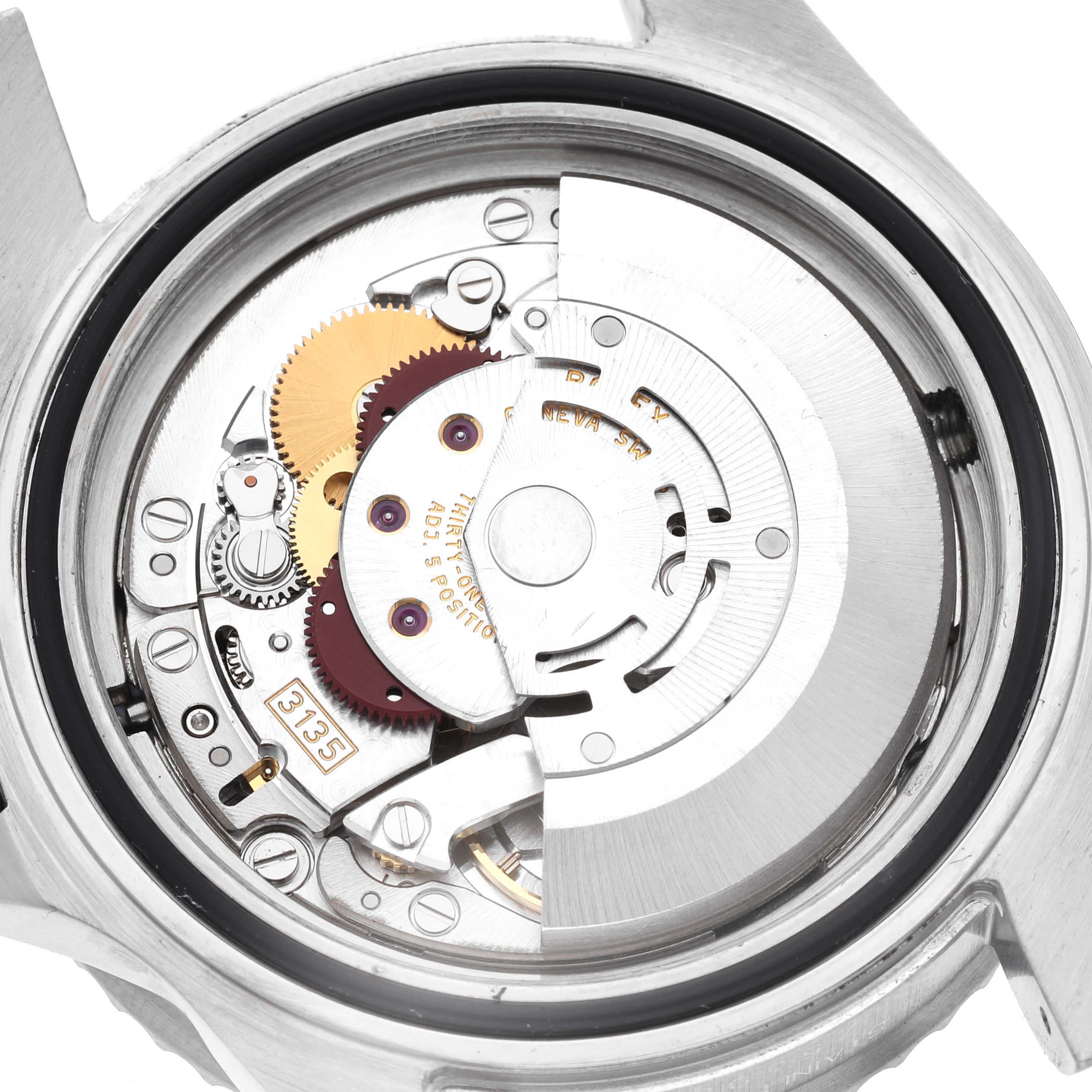 The image shows the internal mechanism of a Rolex Sea-Dweller 16600 Men
s Stainless Steel Black Dial 16600 Men
s Stainless Steel Black Dial watch from a rear view, highlighting the movement components.
