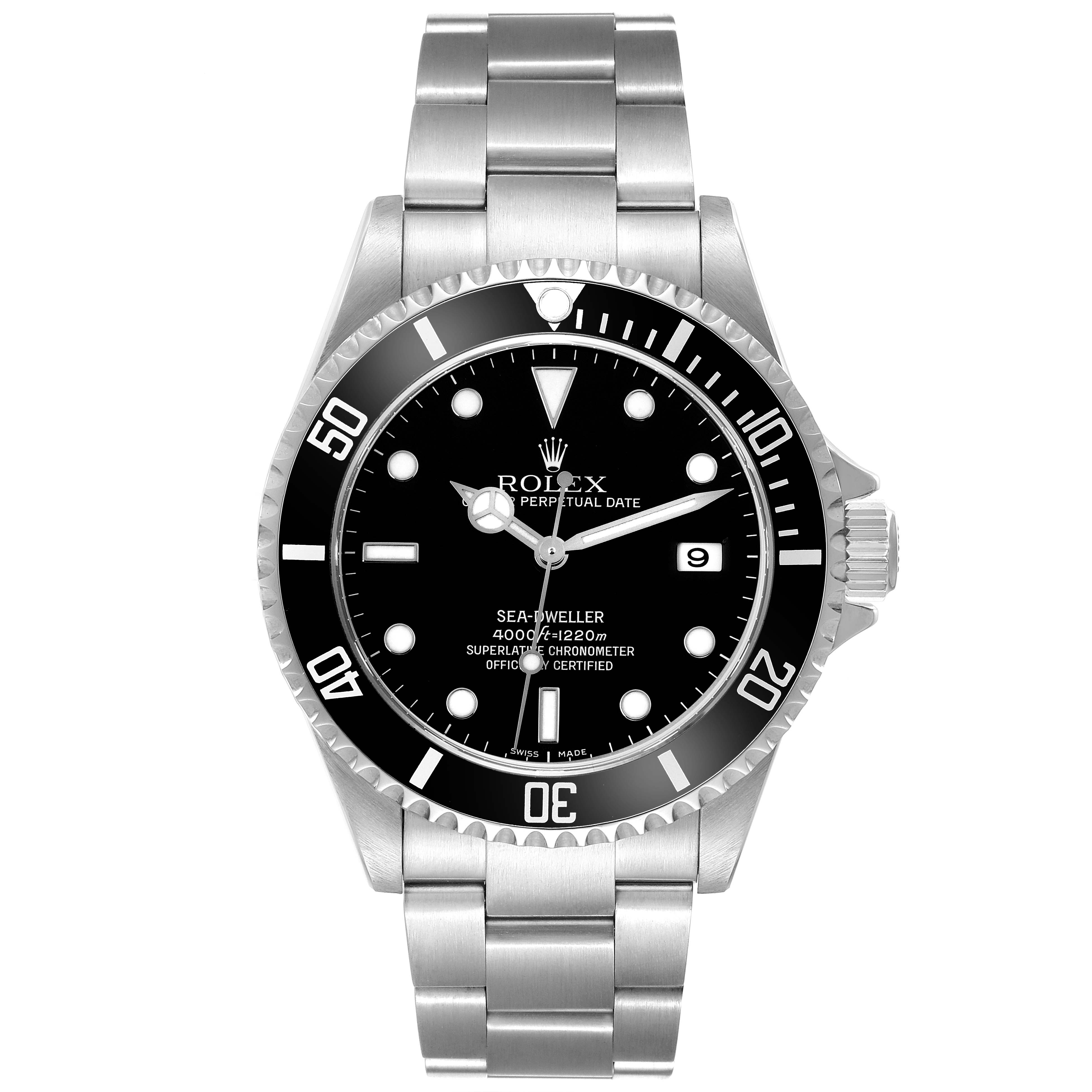 The image shows a front view of the Rolex Sea-Dweller 16600 Men
s Stainless Steel Black Dial 16600 Men
s Stainless Steel Black Dial watch, highlighting its dial, hands, bezel, and bracelet.