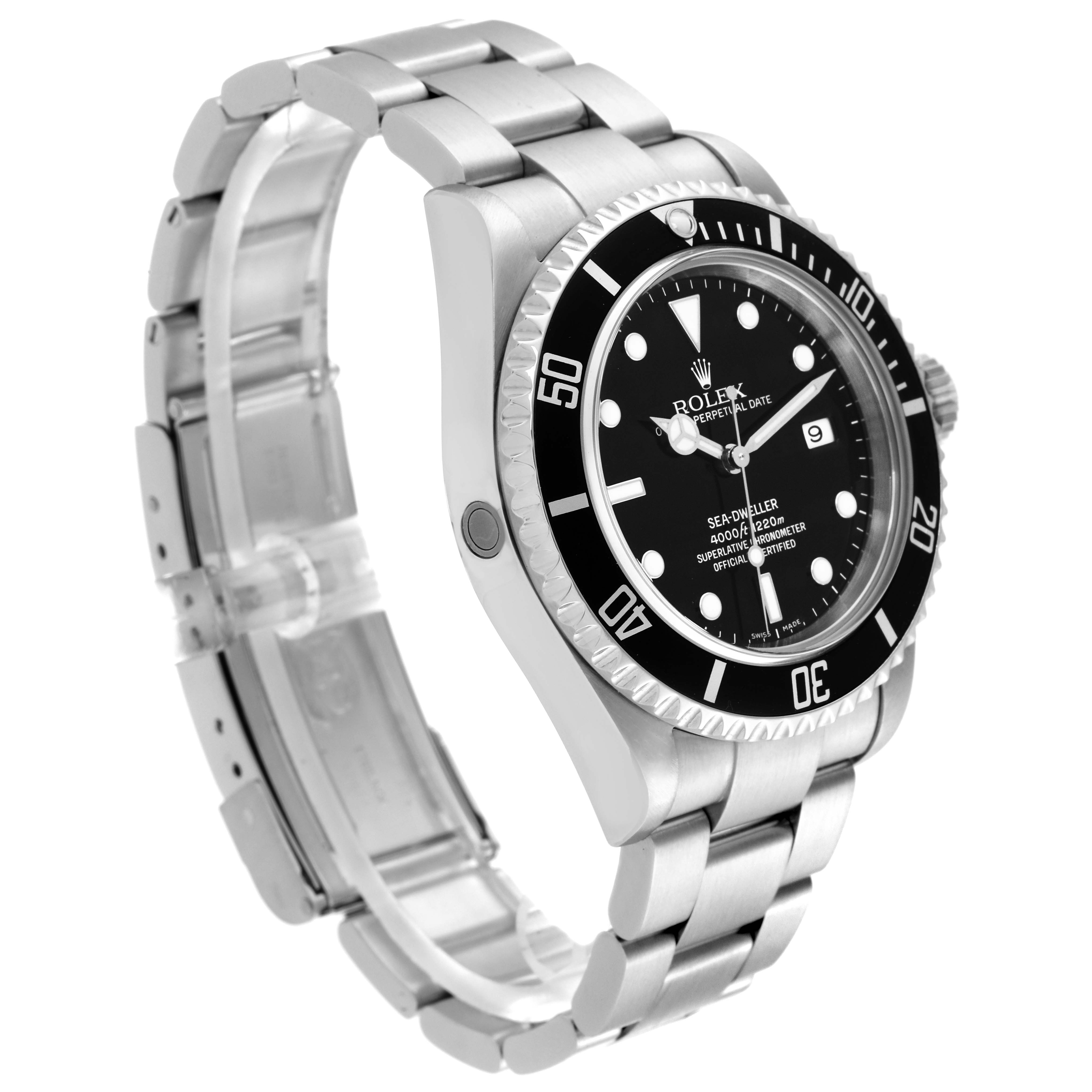 The Rolex Sea-Dweller 16600 Men
s Stainless Steel Black Dial 16600 Men
s Stainless Steel Black Dial watch is shown at a three-quarter angle, displaying the face, bezel, crown, and stainless steel bracelet.