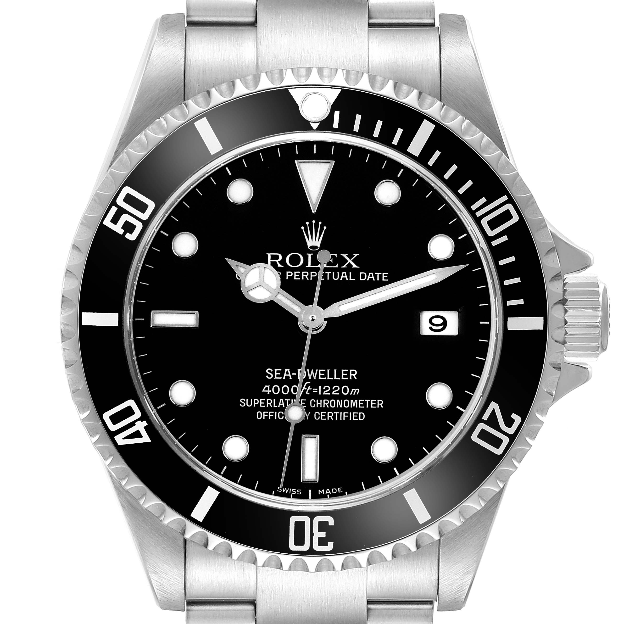 The image shows a front view of the Rolex Sea-Dweller 16600 Men
s Stainless Steel Black Dial 16600 Men
s Stainless Steel Black Dial watch, highlighting the watch face, bezel, dial, and bracelet.