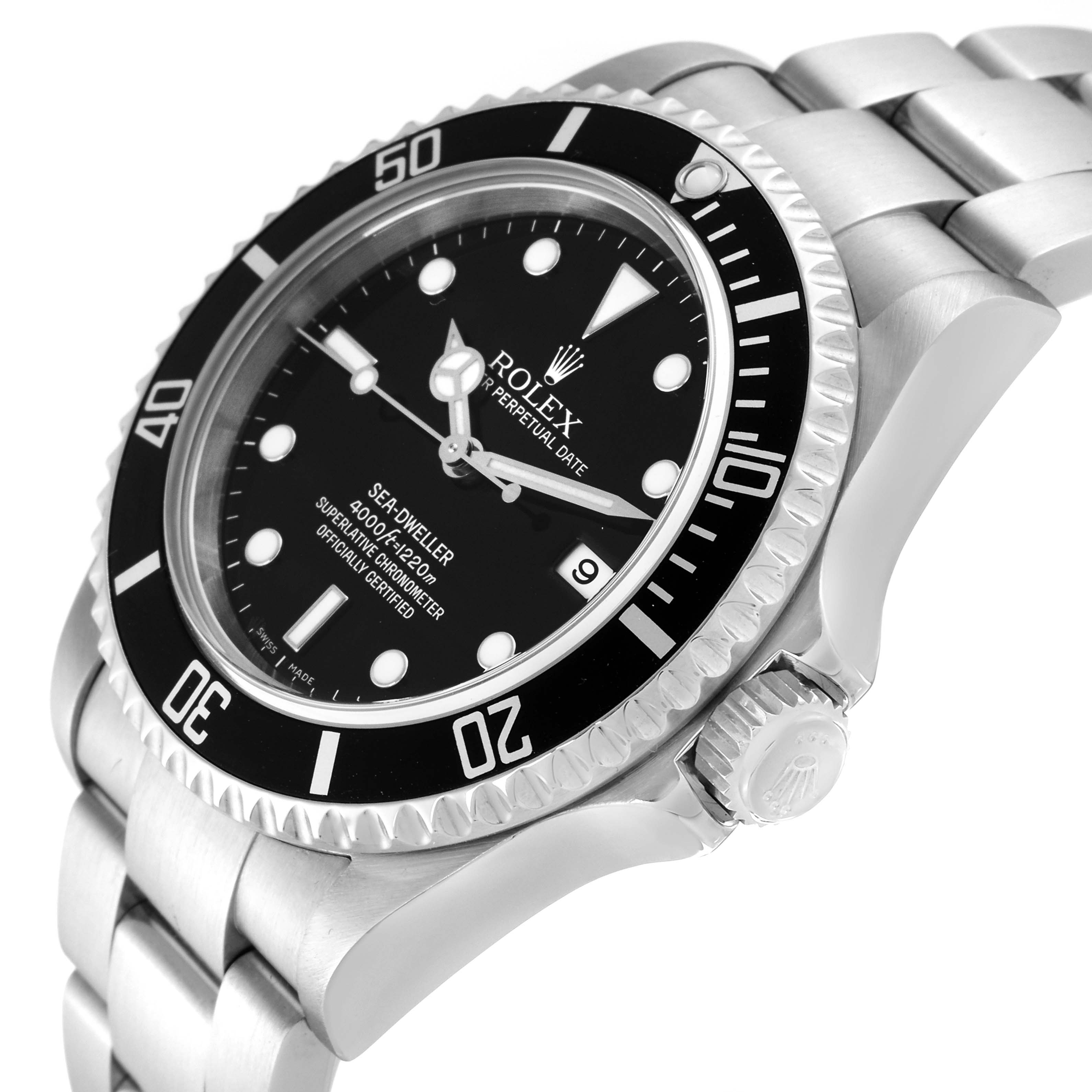 The image shows a side angle of the Rolex Sea-Dweller 16600 Men
s Stainless Steel Black Dial 16600 Men
s Stainless Steel Black Dial, featuring the bezel, dial, bracelet, and crown.