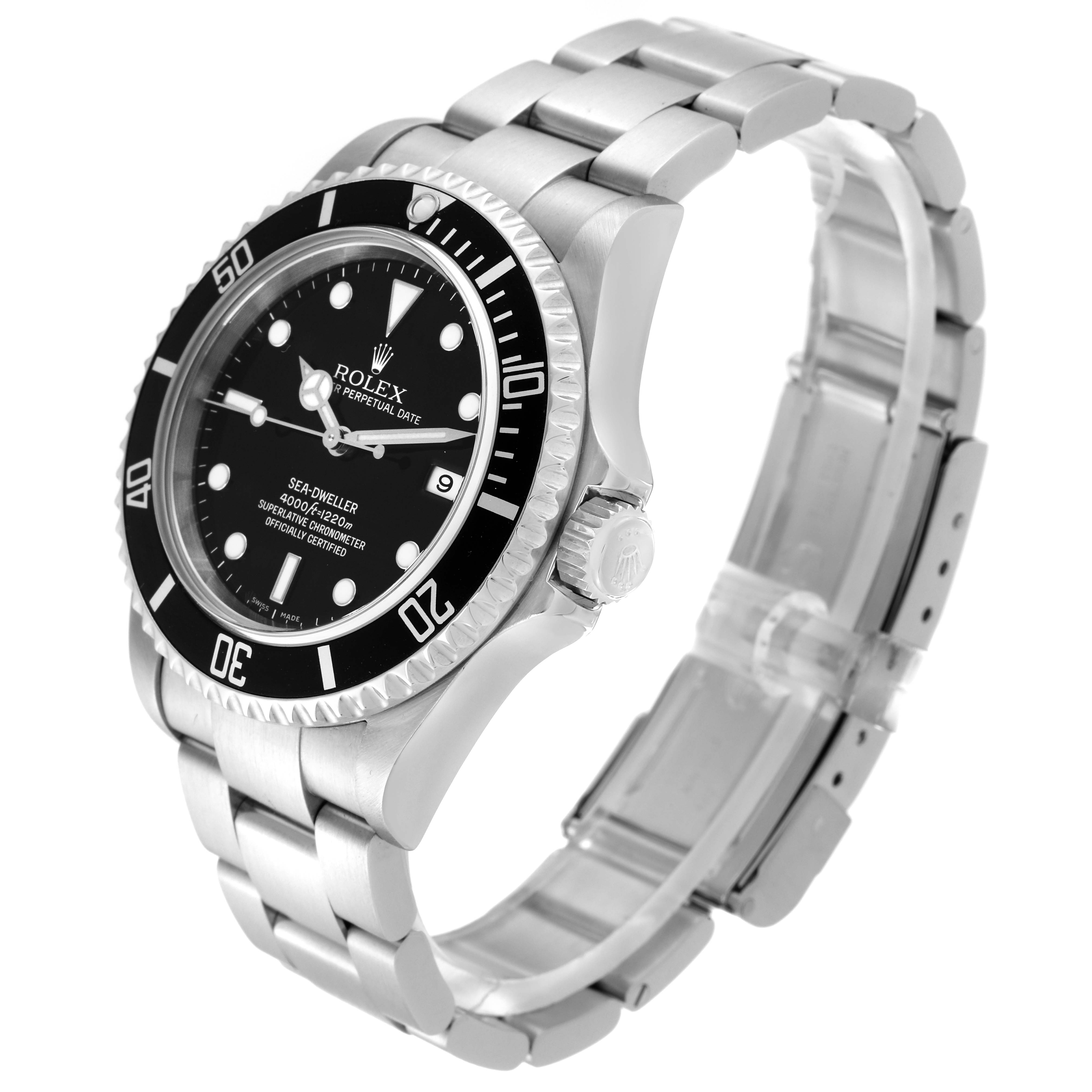 This image shows a Rolex Sea-Dweller 16600 Men
s Stainless Steel Black Dial 16600 Men
s Stainless Steel Black Dial watch at a three-quarter angle, highlighting its bezel, crown, dial, and bracelet.