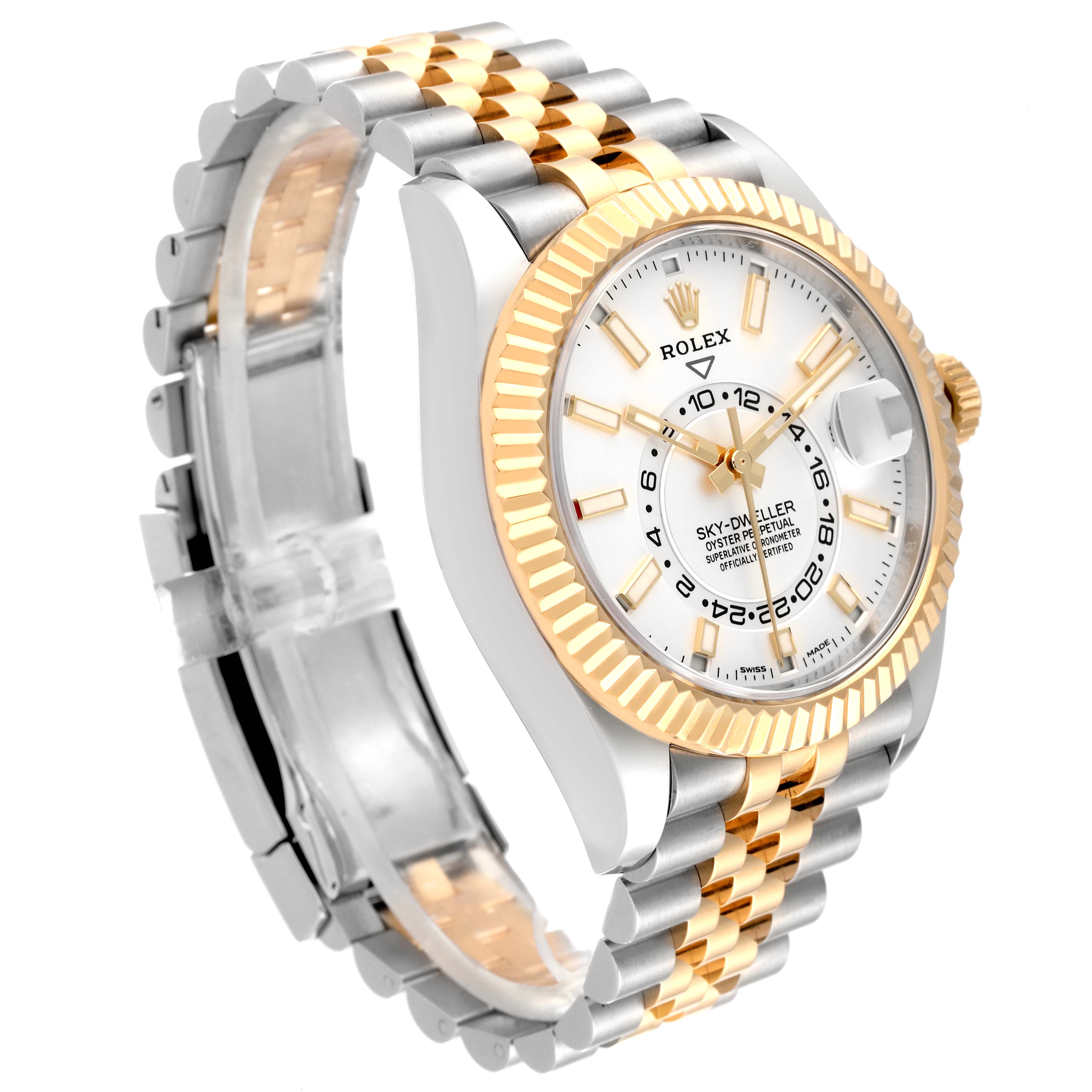 This image shows a Rolex Sky-Dweller 326933 Men's Steel and Gold (two tone) White Dial 326933 Men's Steel and Gold (two tone) White Dial watch at a three-quarter angle, highlighting the face, case, and two-tone bracelet.