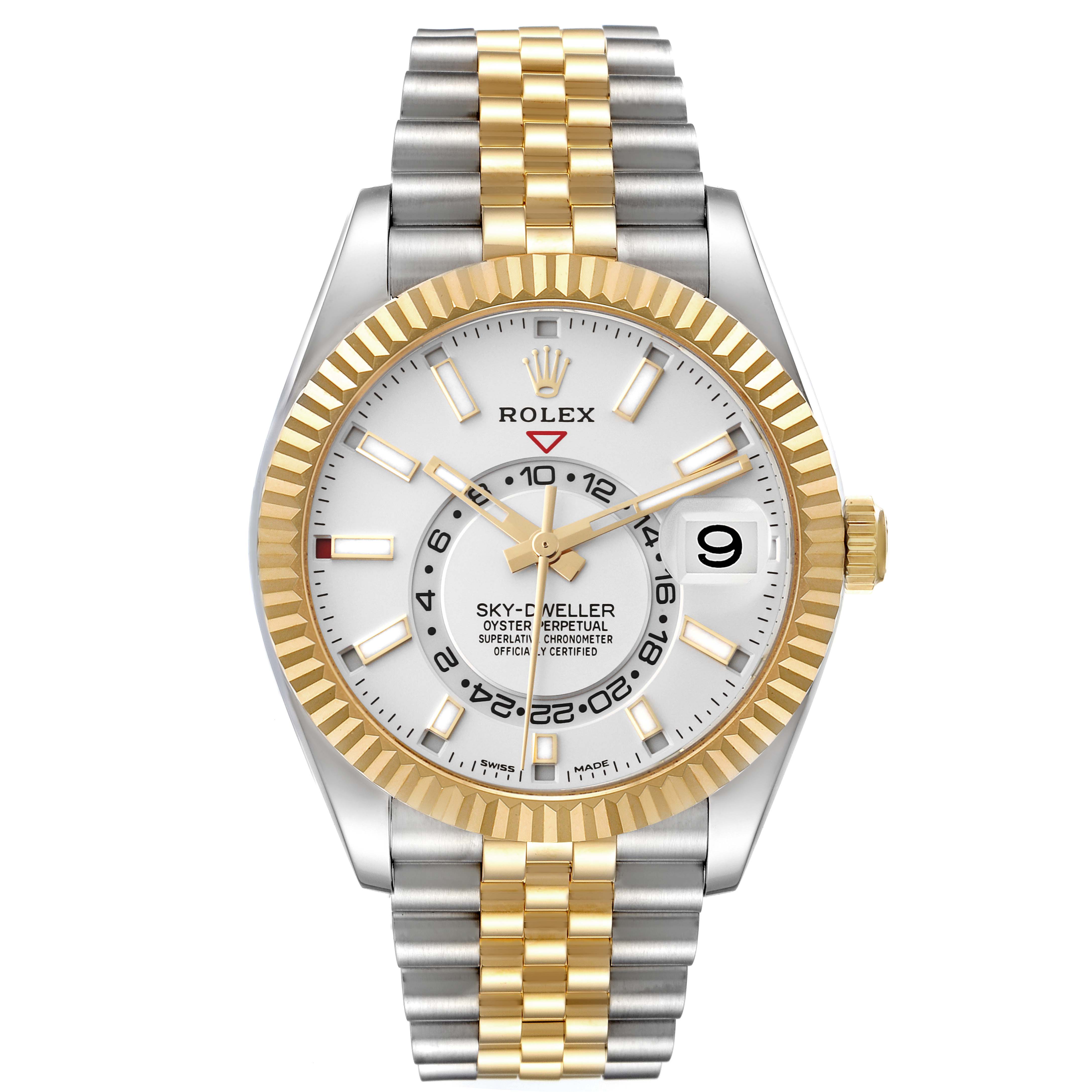 The image shows a front view of the Rolex Sky-Dweller 326933 Men's Steel and Gold (two tone) White Dial 326933 Men's Steel and Gold (two tone) White Dial watch with a two-tone bracelet and fluted bezel.