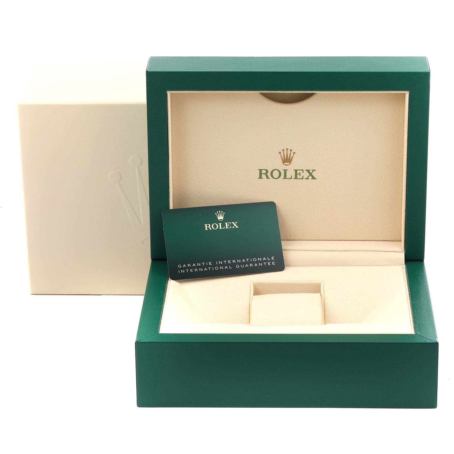 This image shows an open watch box for the Rolex Sky-Dweller 326933 Men's Steel and Gold (two tone) White Dial 326933 Men's Steel and Gold (two tone) White Dial model, featuring a guarantee card inside the box.
