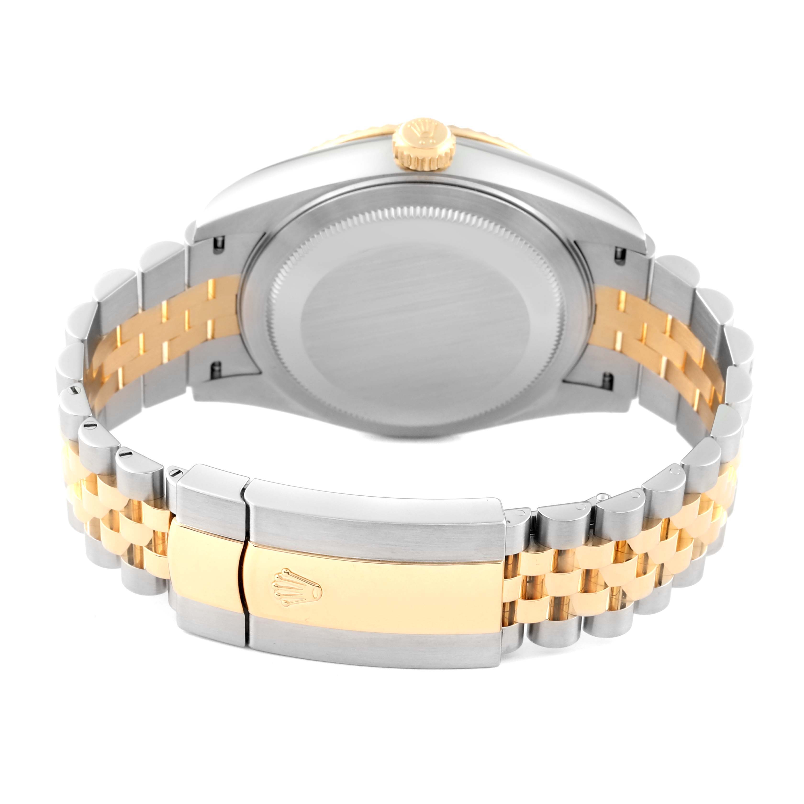 The image shows the back view of the Rolex Sky-Dweller 326933 Men's Steel and Gold (two tone) White Dial 326933 Men's Steel and Gold (two tone) White Dial, highlighting the case back, crown, and two-tone bracelet with a clasp.