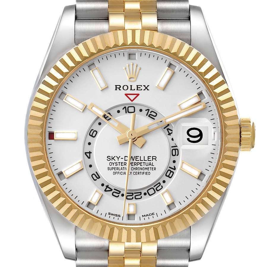 Rolex Sky Dweller Yellow Gold Steel White Dial Mens Watch 326933 Box Card SwissWatchExpo