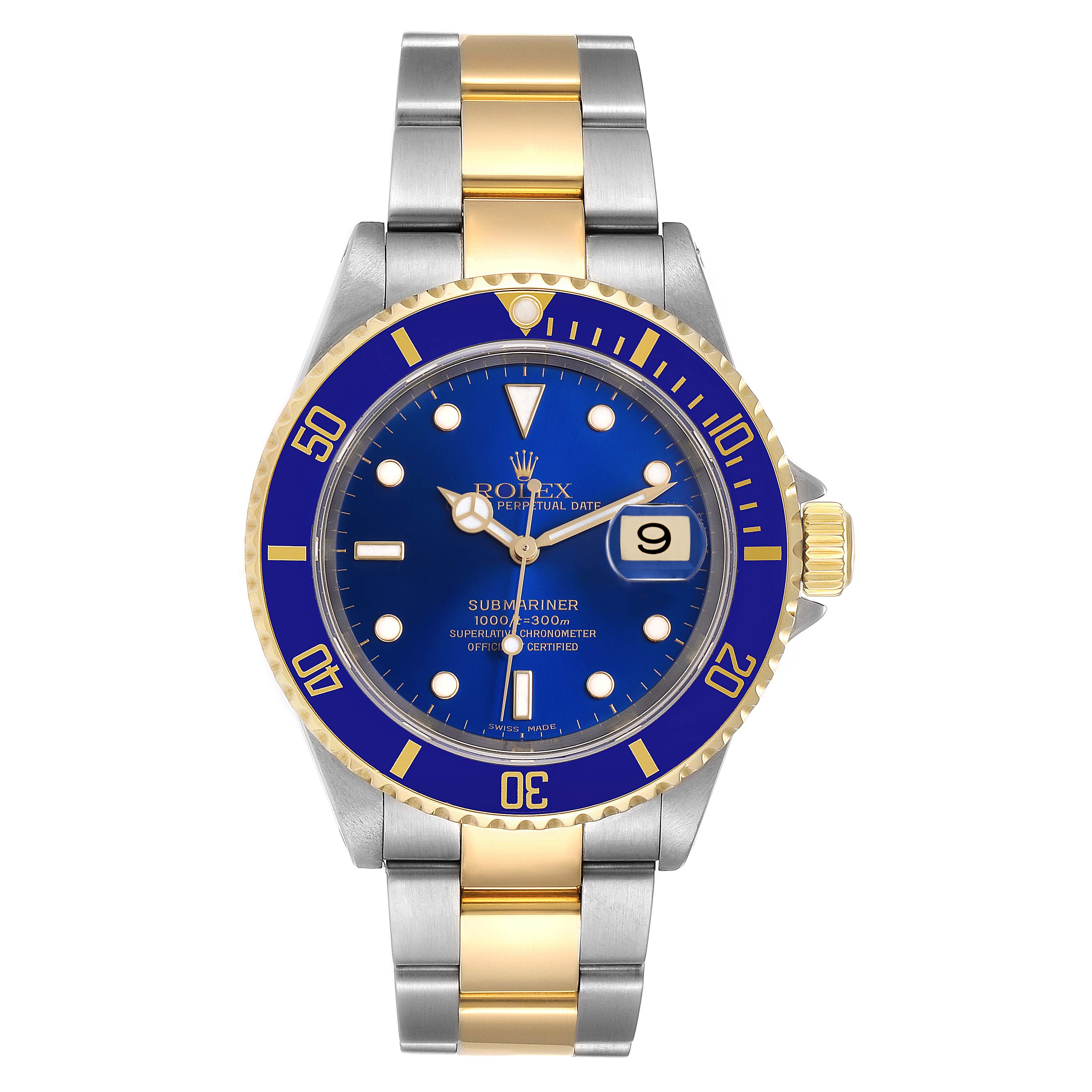 The image shows a front view of a Rolex Submariner 16613 Men's Steel and Gold (two tone) Blue Dial 16613 Men's Steel and Gold (two tone) Blue Dial, highlighting its blue dial, gold and silver bracelet, and date function.
