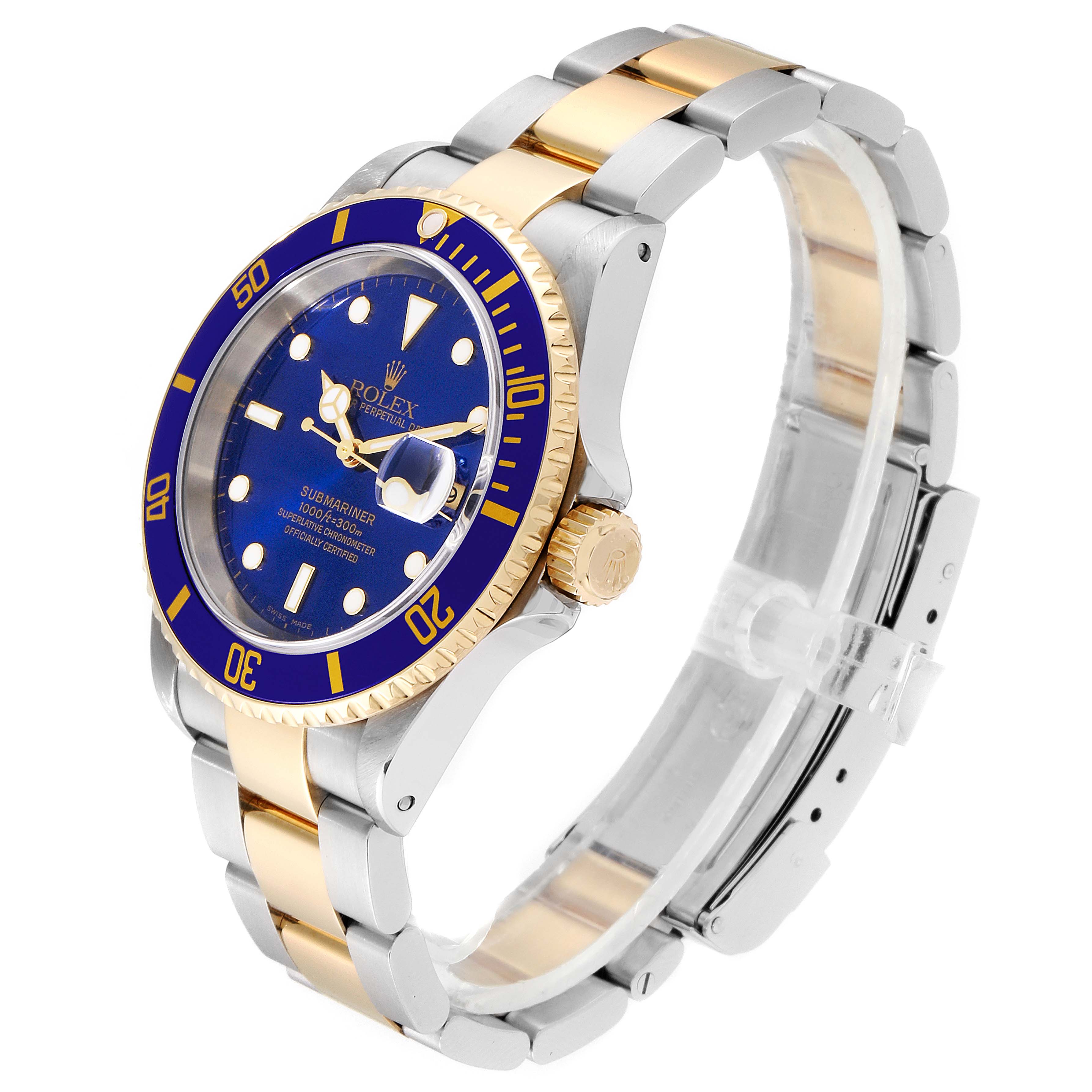 The Rolex Submariner 16613 Men's Steel and Gold (two tone) Blue Dial 16613 Men's Steel and Gold (two tone) Blue Dial watch is shown at an angle highlighting the blue dial, gold bezel, crown, and two-tone metal bracelet.