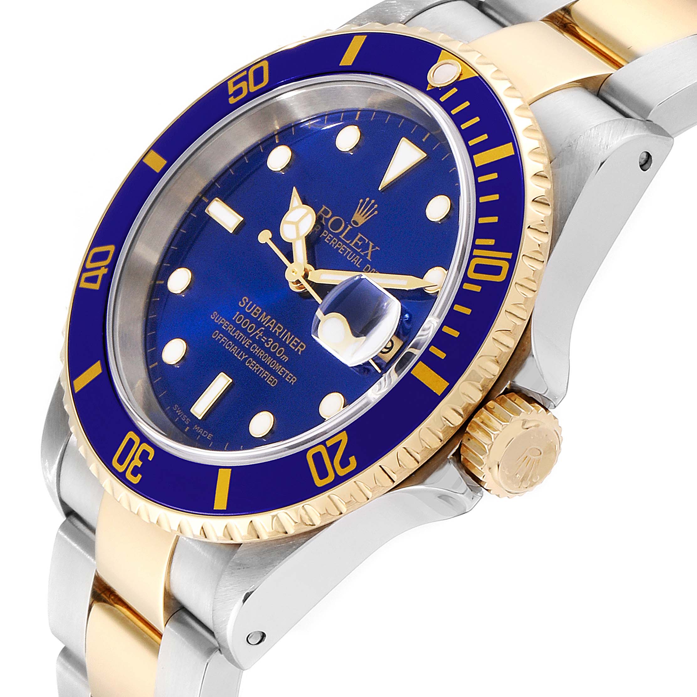 The image shows the dial, bezel, and part of the bracelet of a Rolex Submariner 16613 Men's Steel and Gold (two tone) Blue Dial 16613 Men's Steel and Gold (two tone) Blue Dial watch at an angled close-up.