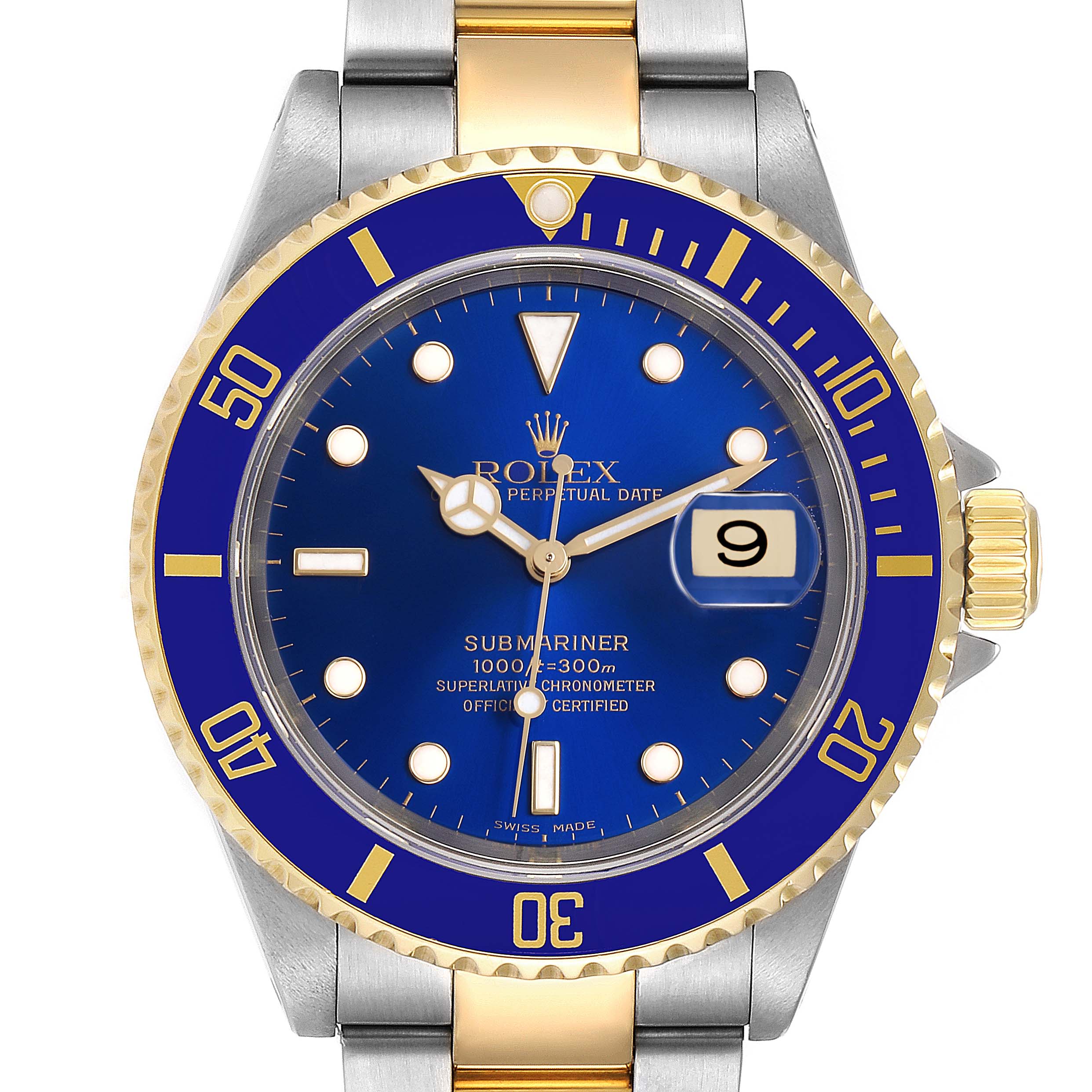 This is a front view of a Rolex Submariner 16613 Men's Steel and Gold (two tone) Blue Dial 16613 Men's Steel and Gold (two tone) Blue Dial watch showing its dial, bezel, case, and part of the bracelet.