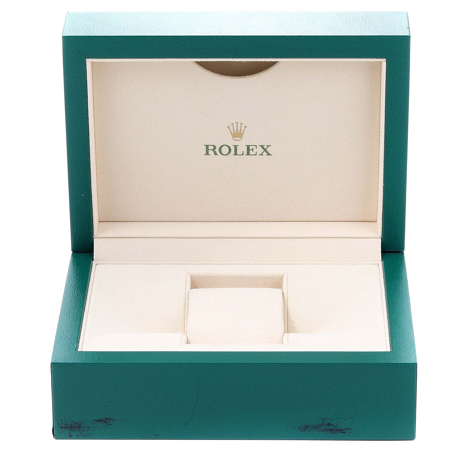 The image shows an open Rolex Submariner 16613 Men's Steel and Gold (two tone) Blue Dial 16613 Men's Steel and Gold (two tone) Blue Dial watch box, highlighting the interior compartments and the brand's logo.