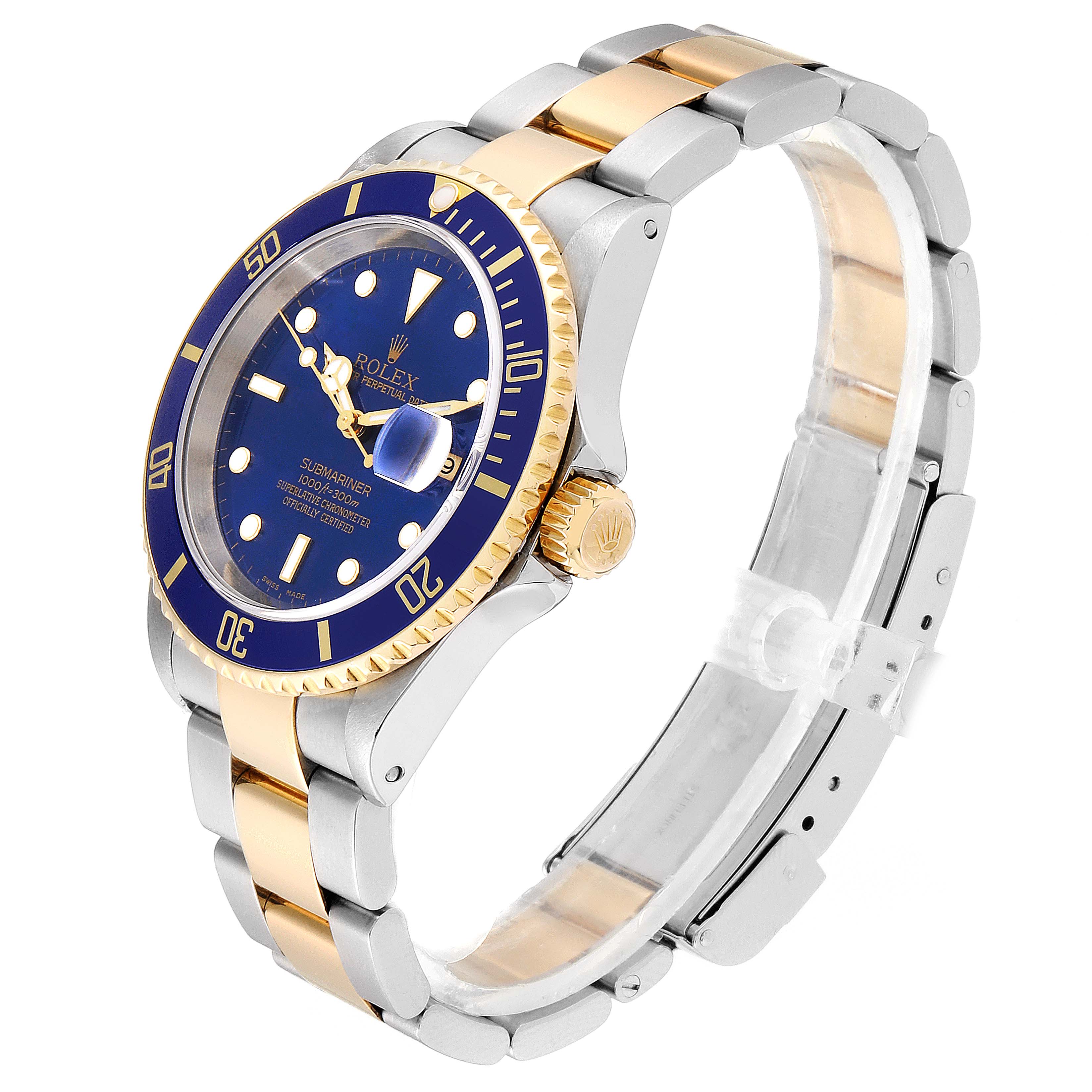 This image shows a Rolex Submariner 16613 Men's Steel and Gold (two tone) Blue Dial 16613 Men's Steel and Gold (two tone) Blue Dial watch from an angled side view, highlighting its blue dial, bezel, and two-tone bracelet.