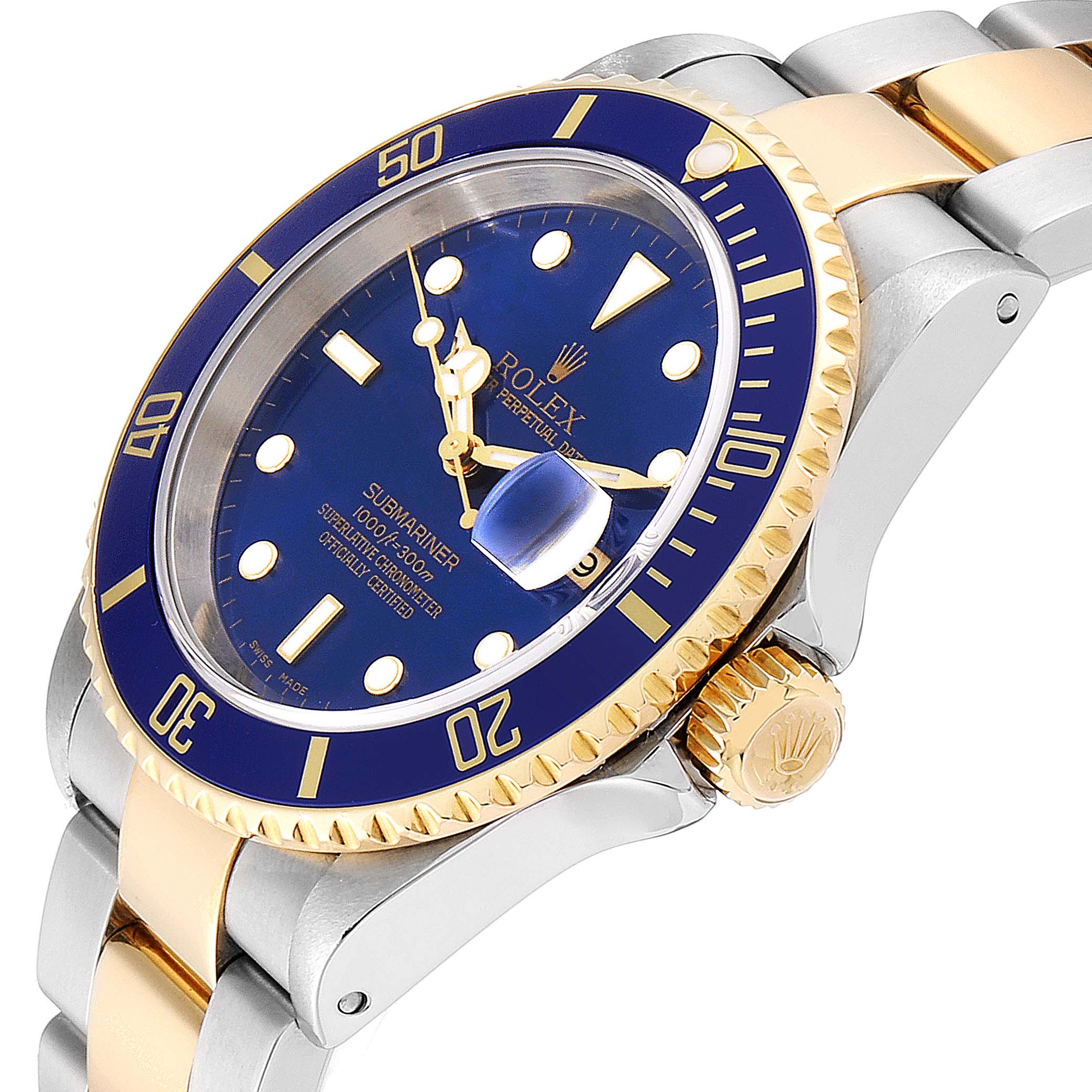 The image shows a Rolex Submariner 16613 Men's Steel and Gold (two tone) Blue Dial 16613 Men's Steel and Gold (two tone) Blue Dial watch at an angled side view, highlighting the bezel, crown, dial, and part of the bracelet.