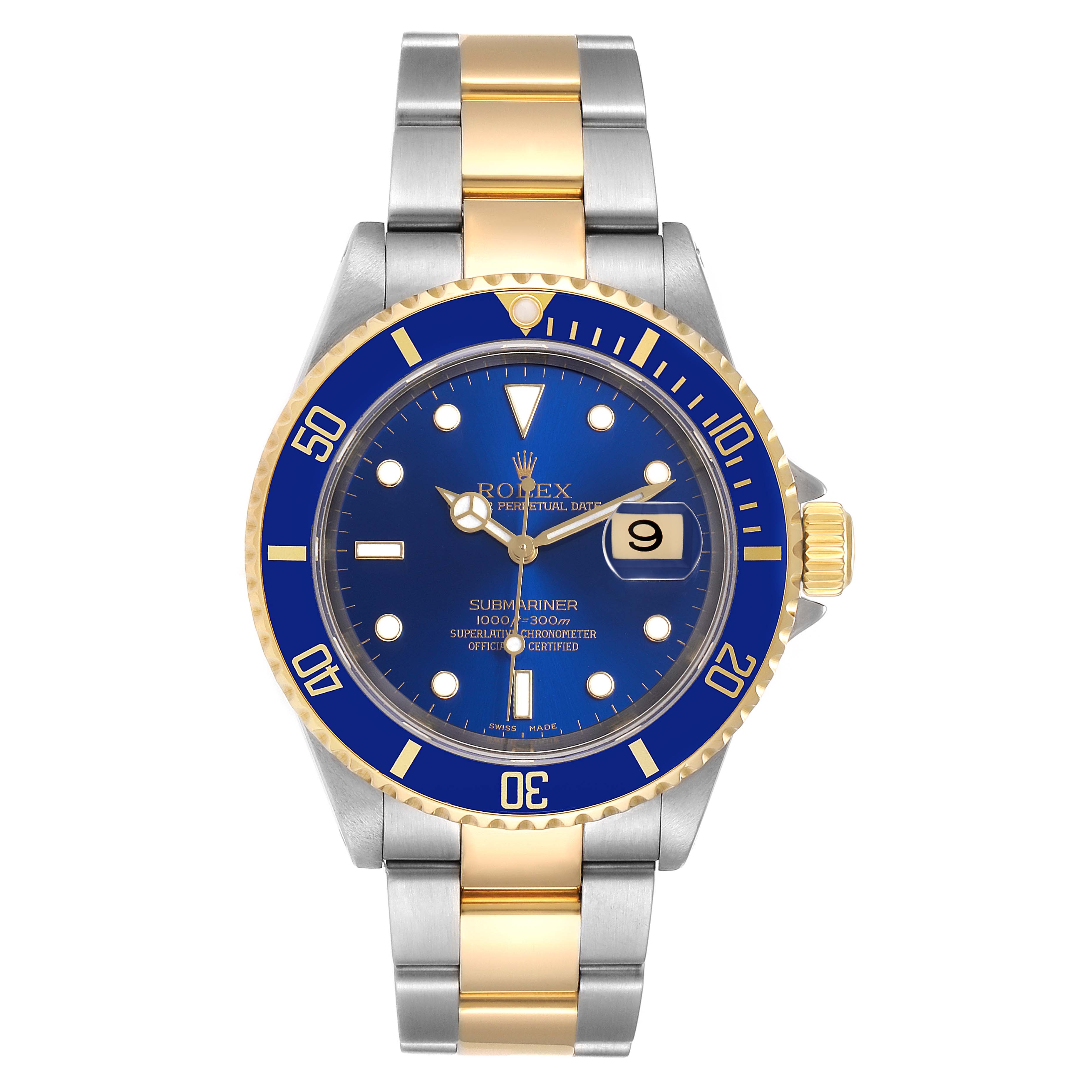This image shows a front view of a Rolex Submariner 16613 Men's Steel and Gold (two tone) Blue Dial 16613 Men's Steel and Gold (two tone) Blue Dial watch, highlighting its two-tone bracelet, blue dial, and bezel.