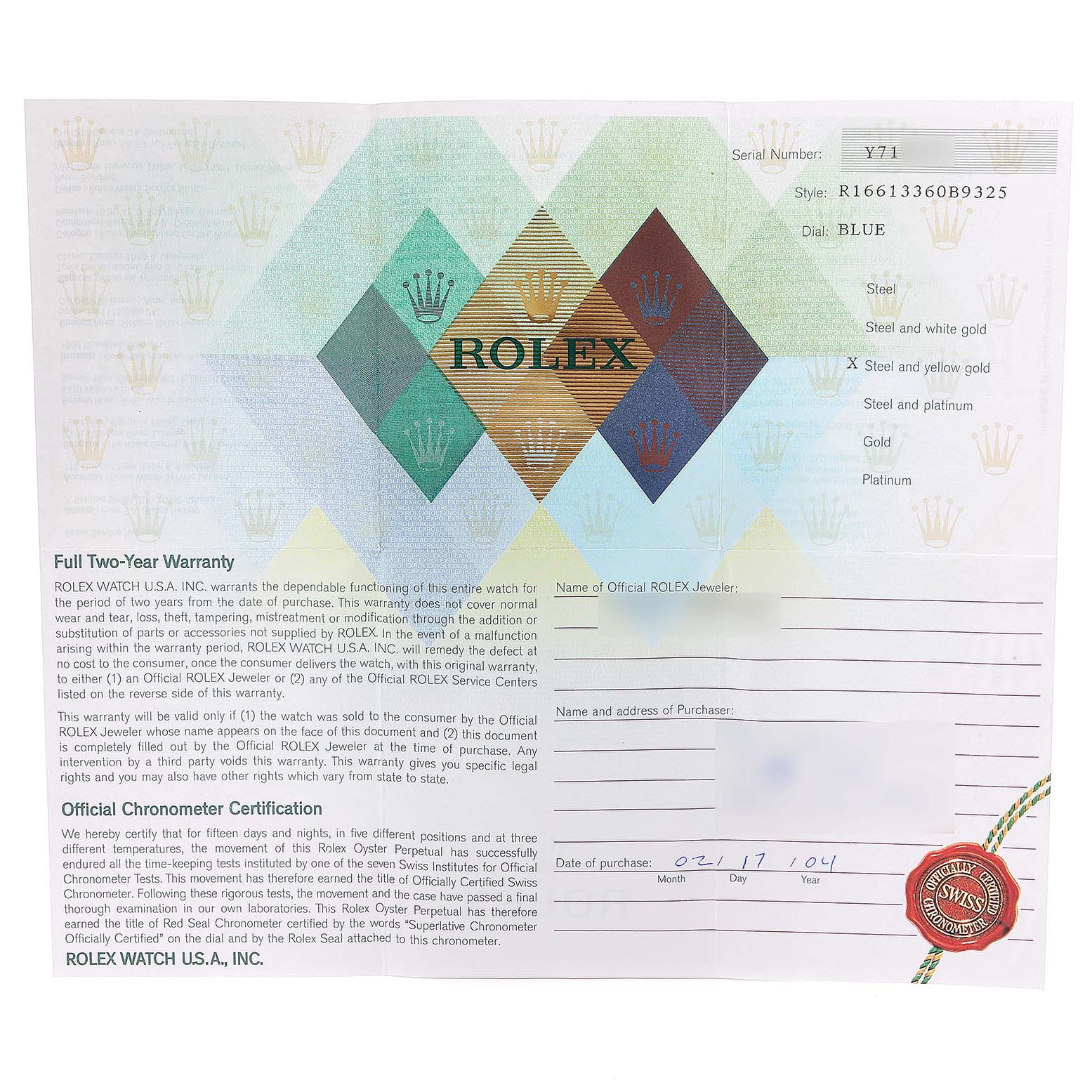 The image shows the warranty and certification paperwork for a Rolex Submariner 16613 Men's Steel and Gold (two tone) Blue Dial 16613 Men's Steel and Gold (two tone) Blue Dial watch.