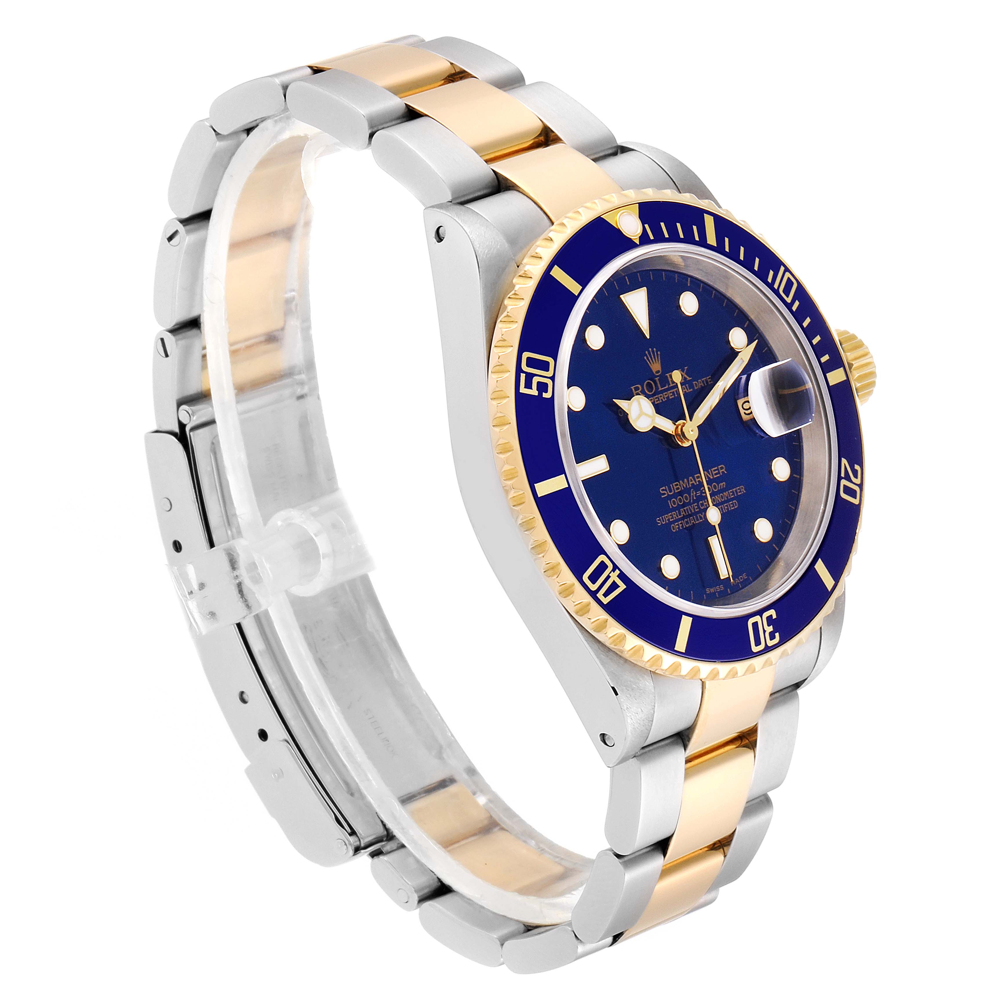 This image shows the Rolex Submariner 16613 Men's Steel and Gold (two tone) Blue Dial 16613 Men's Steel and Gold (two tone) Blue Dial watch from a three-quarter angle, highlighting its blue dial, bezel, and two-tone bracelet.