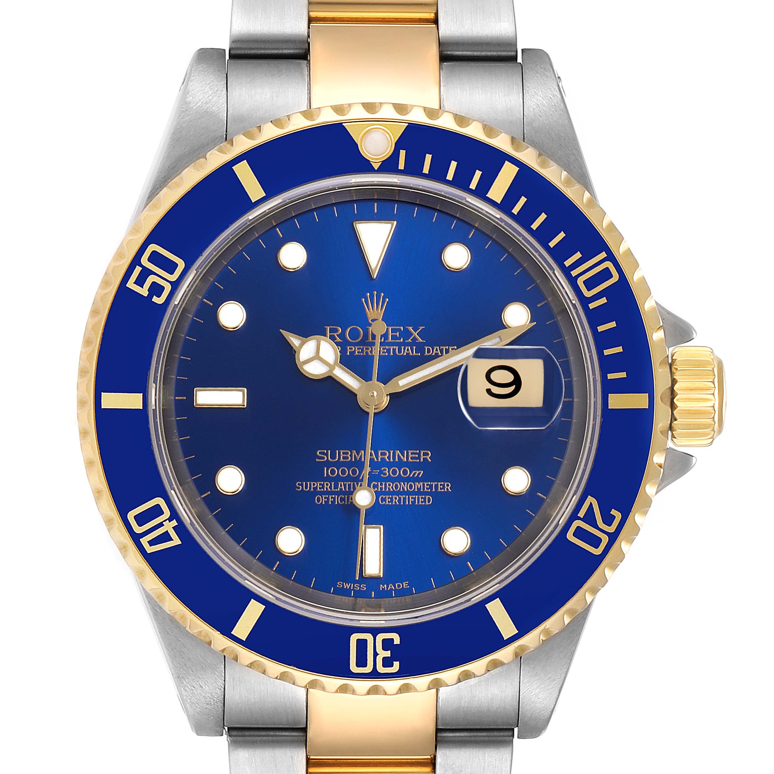 The Rolex Submariner 16613 Men's Steel and Gold (two tone) Blue Dial 16613 Men's Steel and Gold (two tone) Blue Dial watch is shown from the front, featuring a blue dial, date window, gold accents, and stainless steel bracelet.
