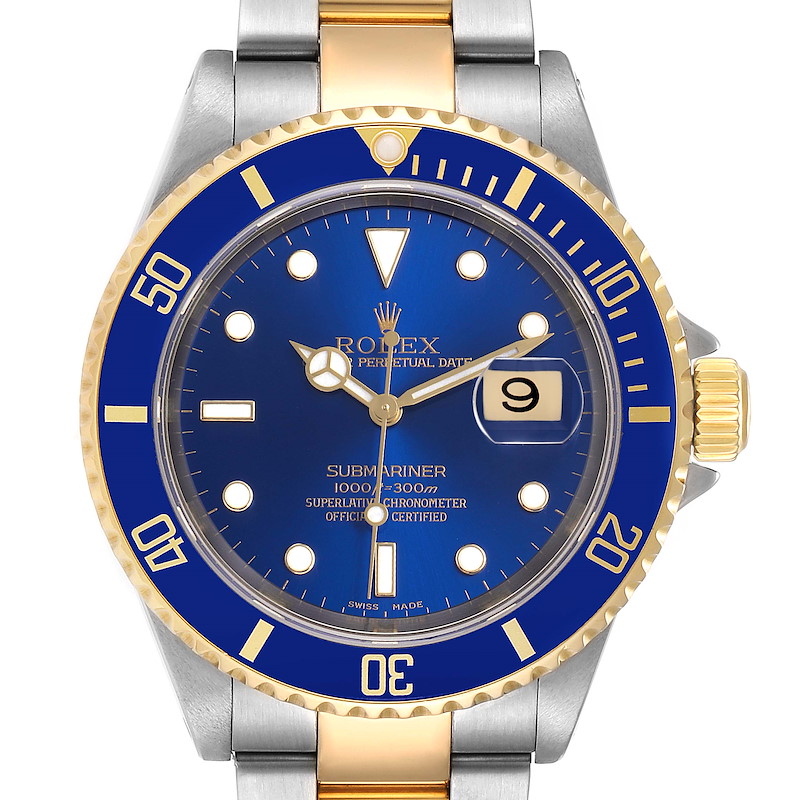 Rolex Submariner 40mm Blue Dial Steel Yellow Gold Mens Watch 16613 Box Papers SwissWatchExpo