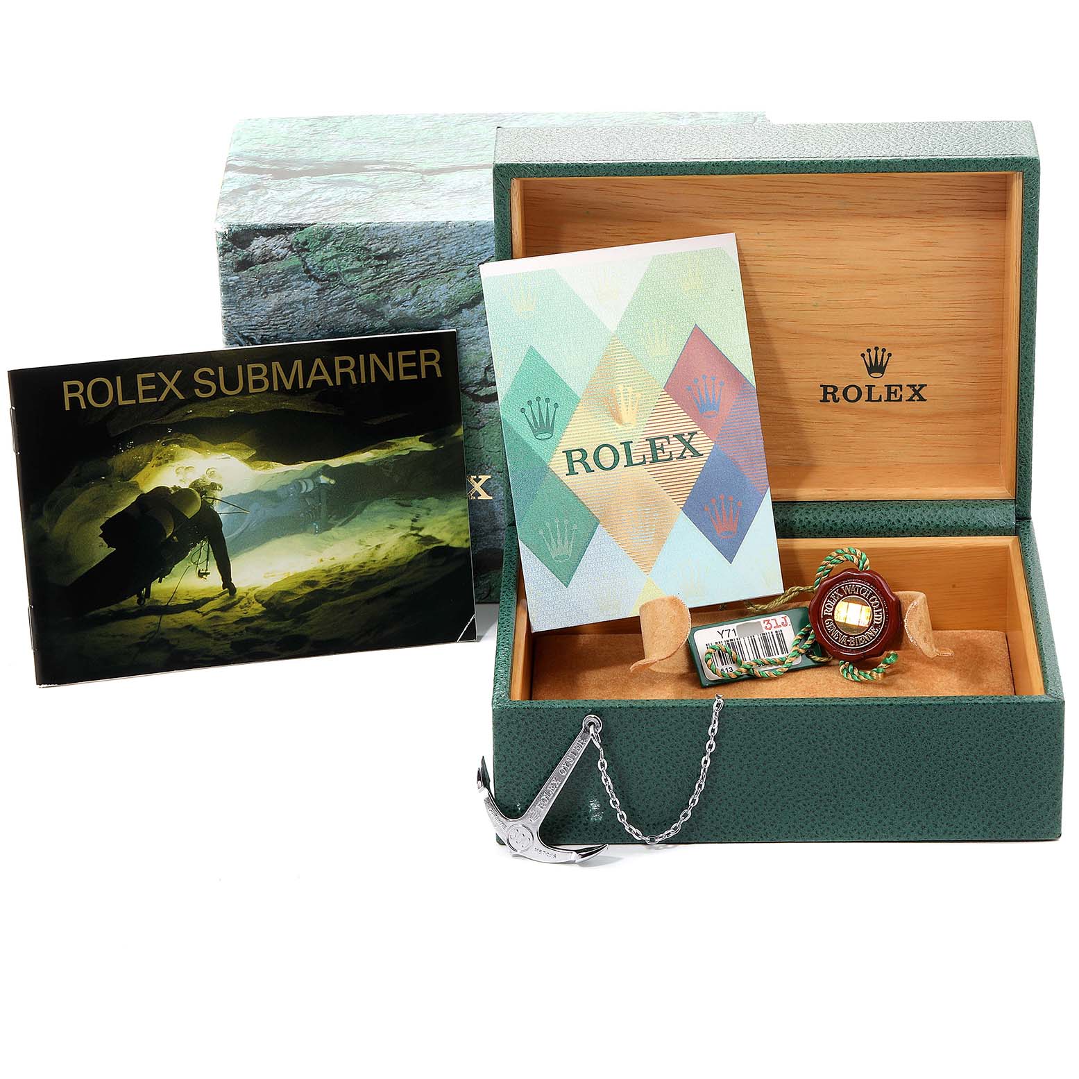 The image shows accessories for a Rolex Submariner 16613 Men's Steel and Gold (two tone) Blue Dial 16613 Men's Steel and Gold (two tone) Blue Dial: the open box, papers, an anchor, and tags, viewed from the front.